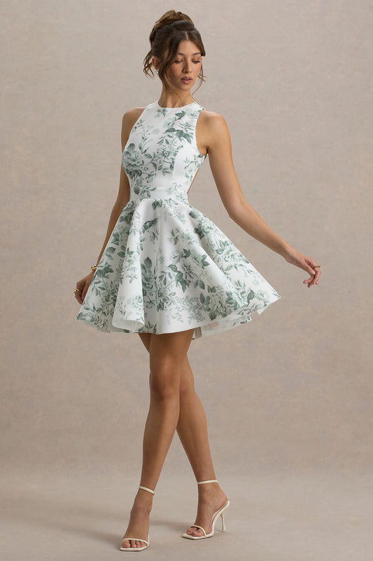 Waverly | Green Porcelain Print Racer-Neck Sleeveless Skater Mini Dress