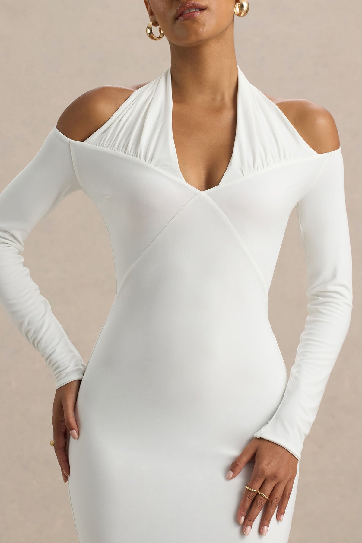 Living High | White Halter-Neck Maxi Dress With Long Sleeves