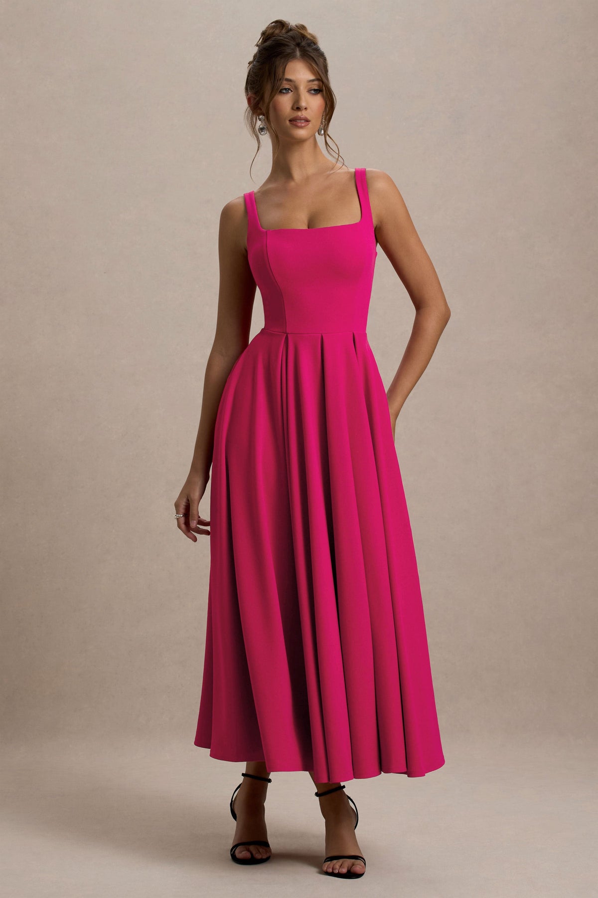 Parina | Hot Pink Scuba Square Neck A-Line Midi Dress