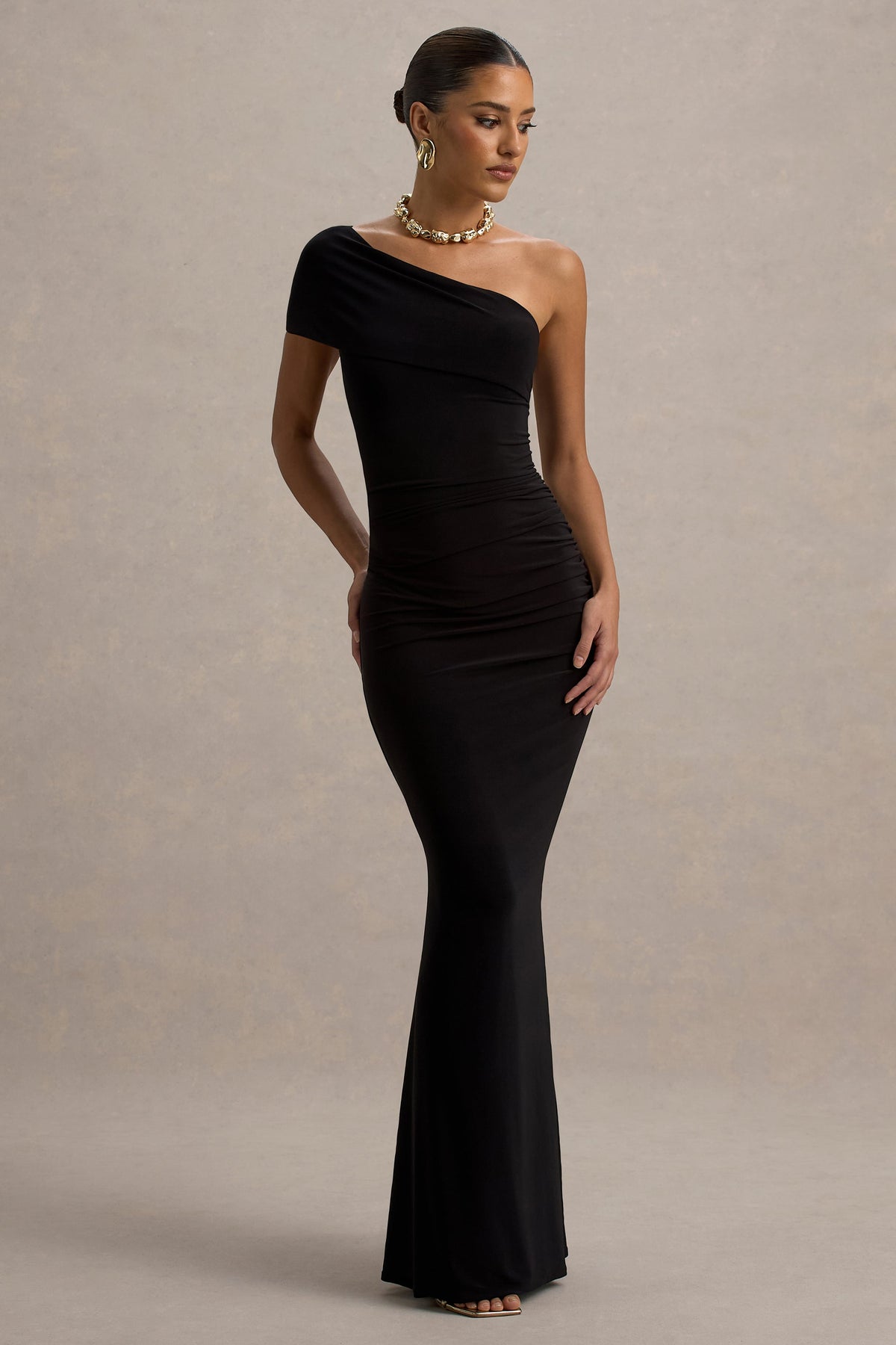Alethea | Black Asymmetric Bardot Maxi Dress