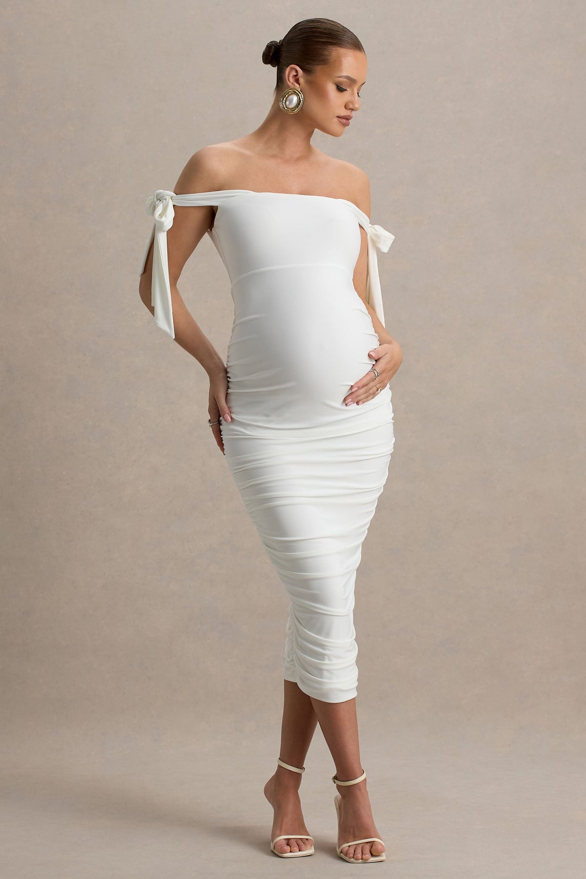 Chandelier | White Bardot Maternity Midi Dress With Bow Details