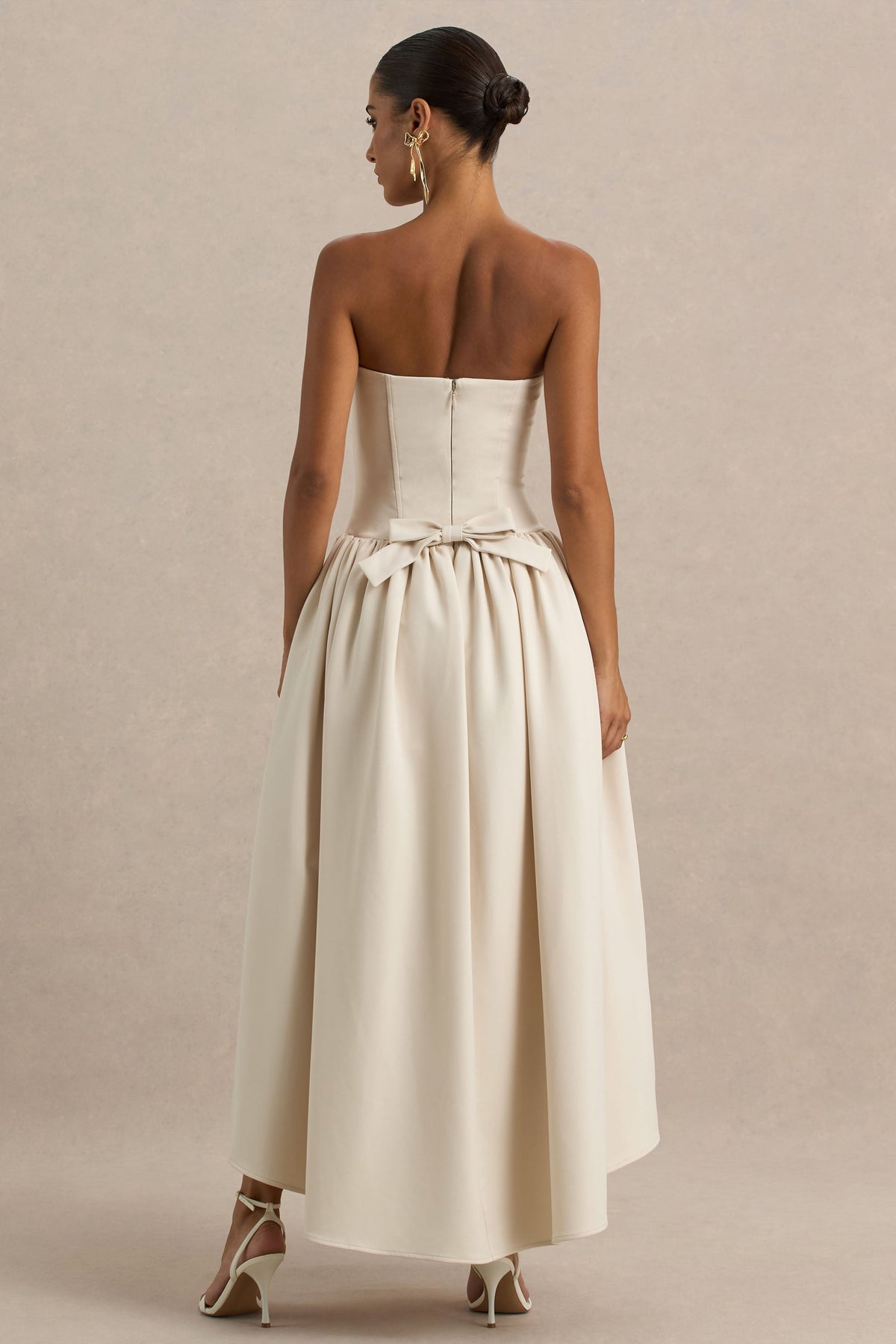 Candice | Cream Bandeau Volume Midi Dress With Back Bow Detail