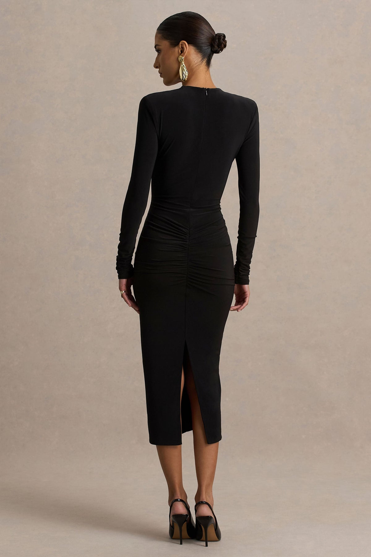 Ivara | Black Plunge-Neck Midi Dress With Ruched Detailing And Sash