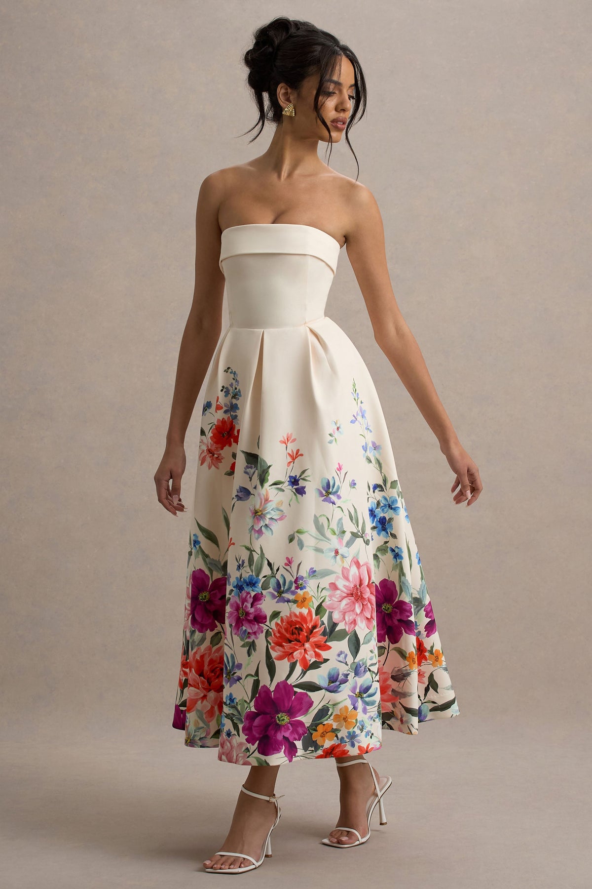 Annalise | Light Pink Floral Print Bandeau Skater Midi Dress