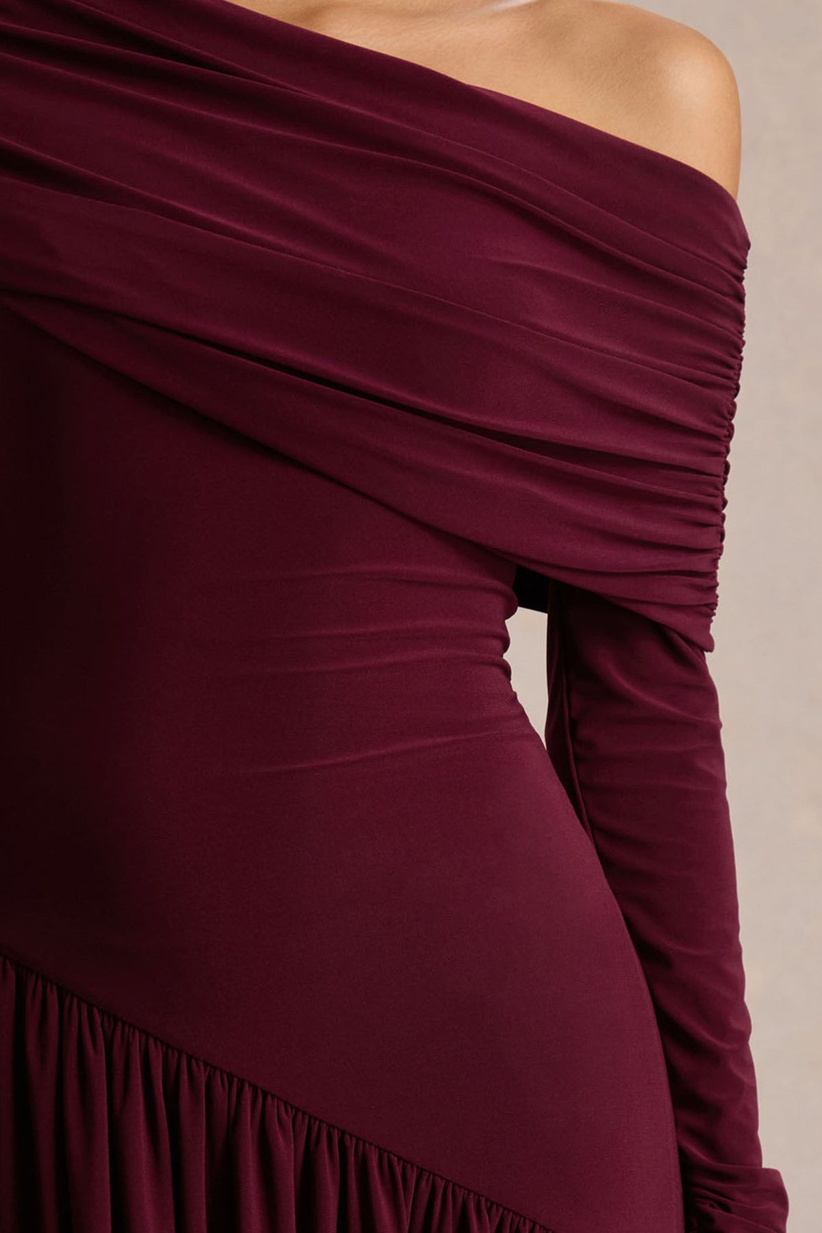 Farah | Burgundy Asymmetric-Neck Maxi Dress With Drop Waist And Ruched Detailing
