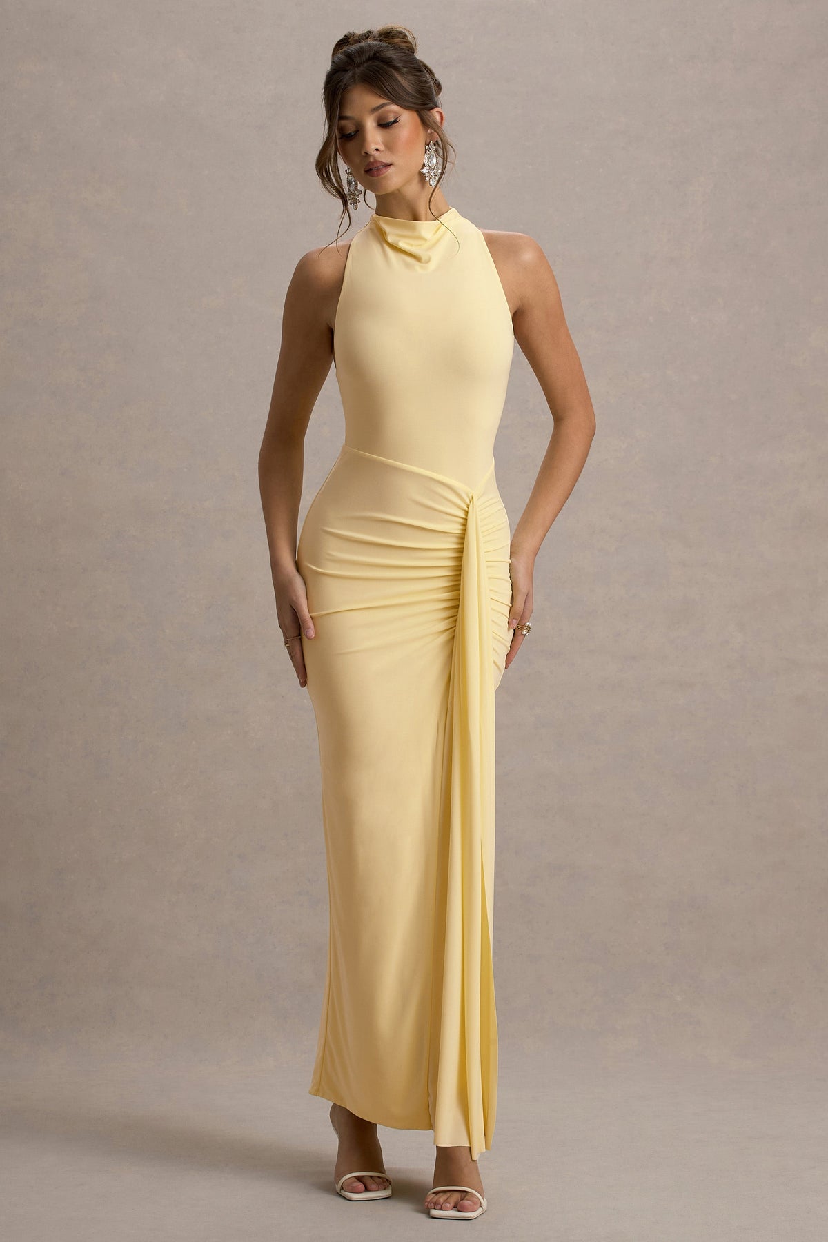 Sunflower | Pale Lemon Jersey Cowl Maxi Dress With Gathered Detailing And Split