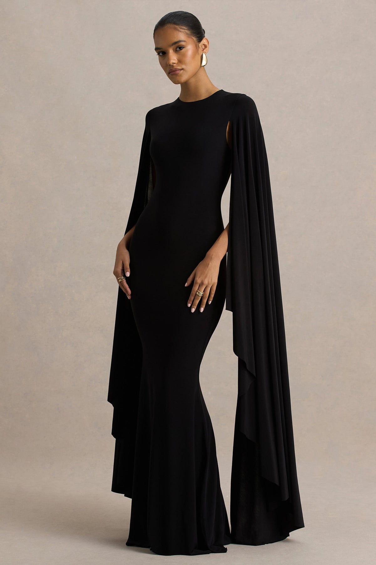 Briony | Black Crew-Neck Maxi Dress With Cape Sleeves