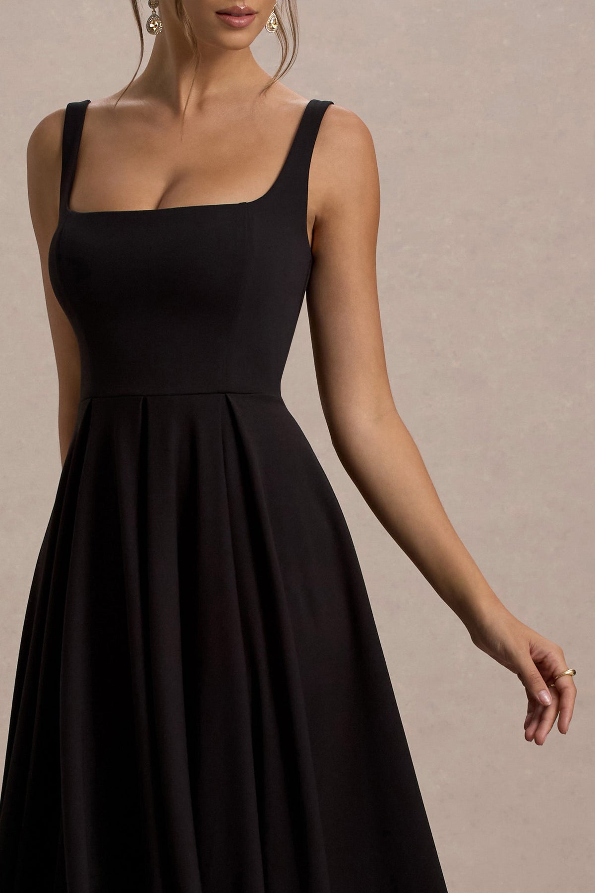 Parina | Black Scuba Square Neck A-Line Midi Dress