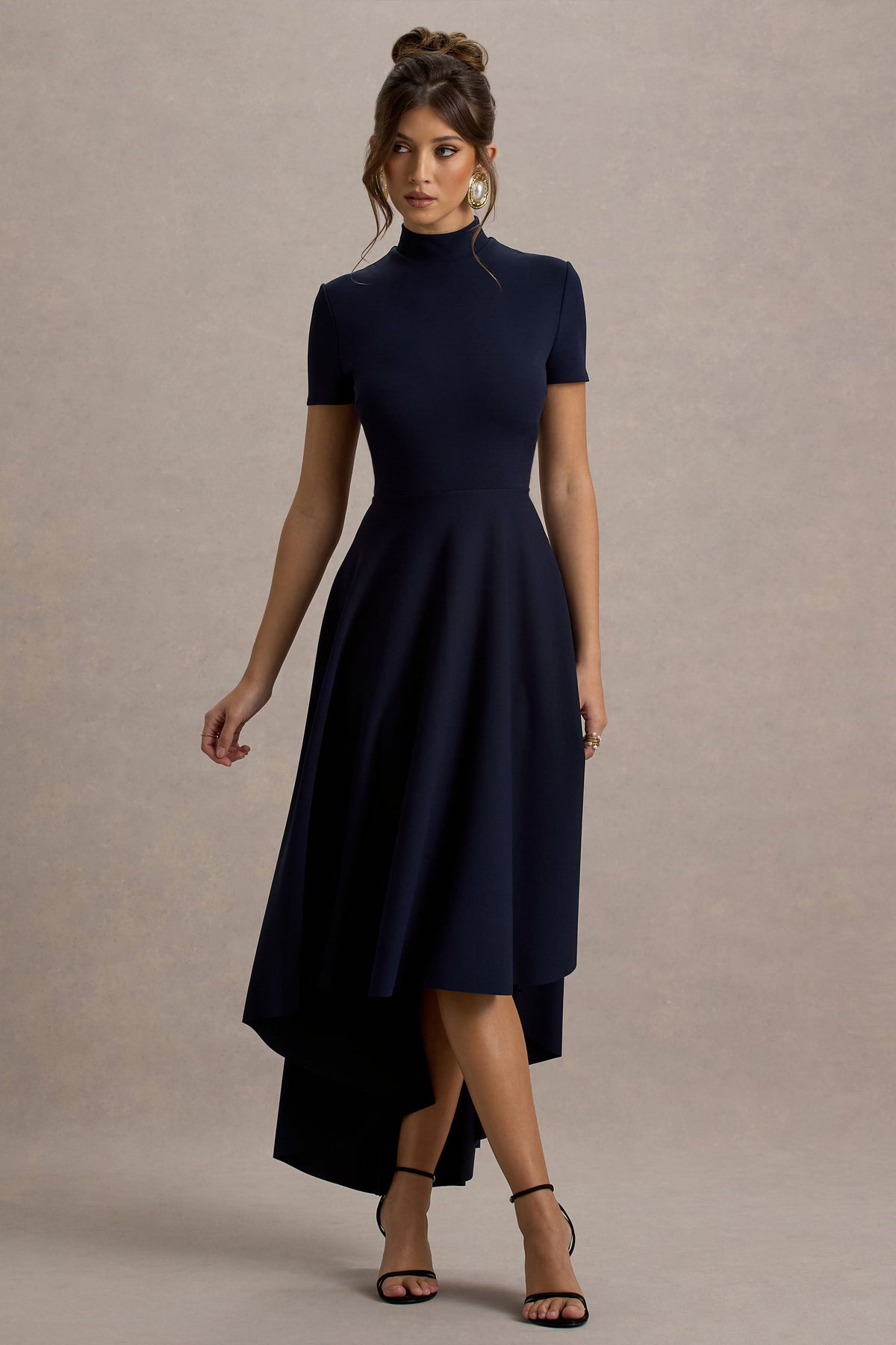 Bellona | Navy High-Neck High-Low Midi Dress