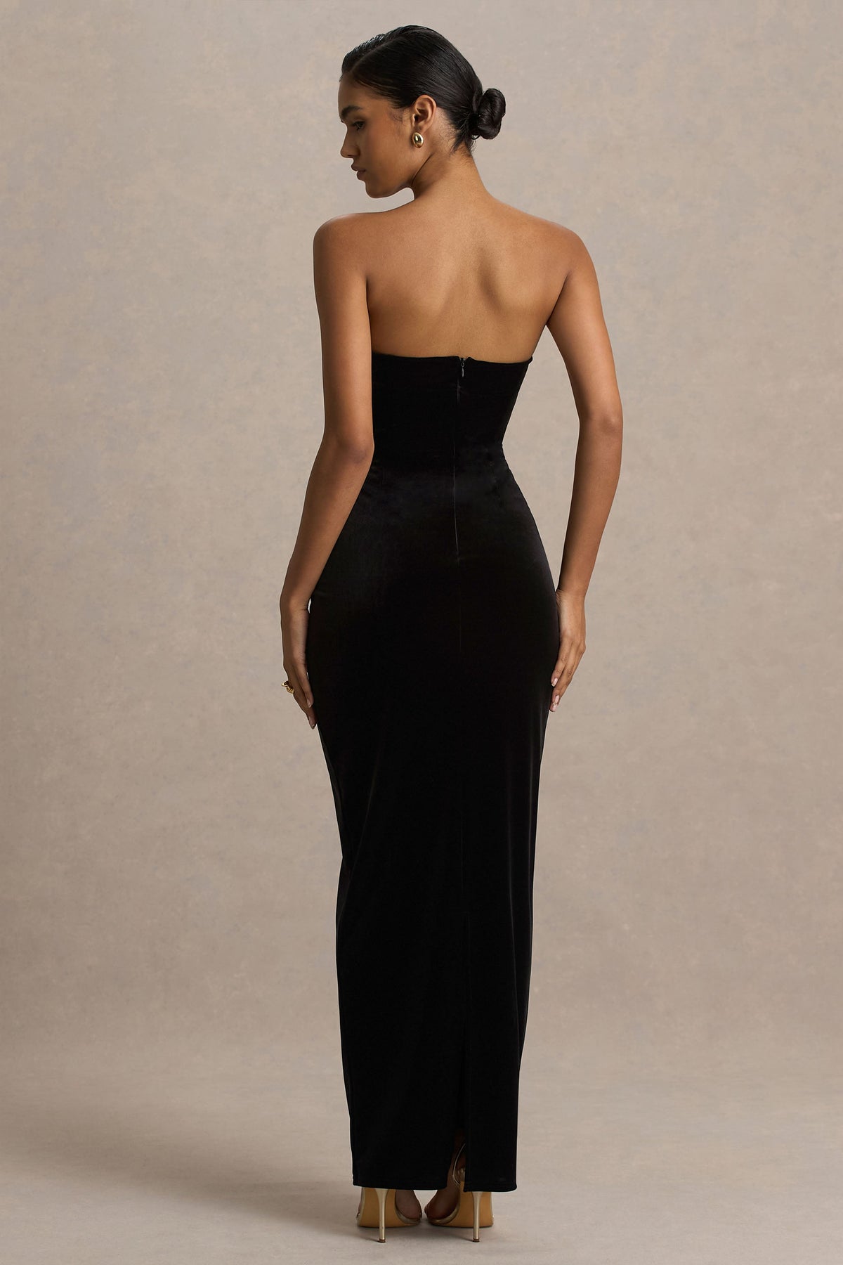 Illusion | Black Velvet Bandeau Maxi Dress With Bow Detail