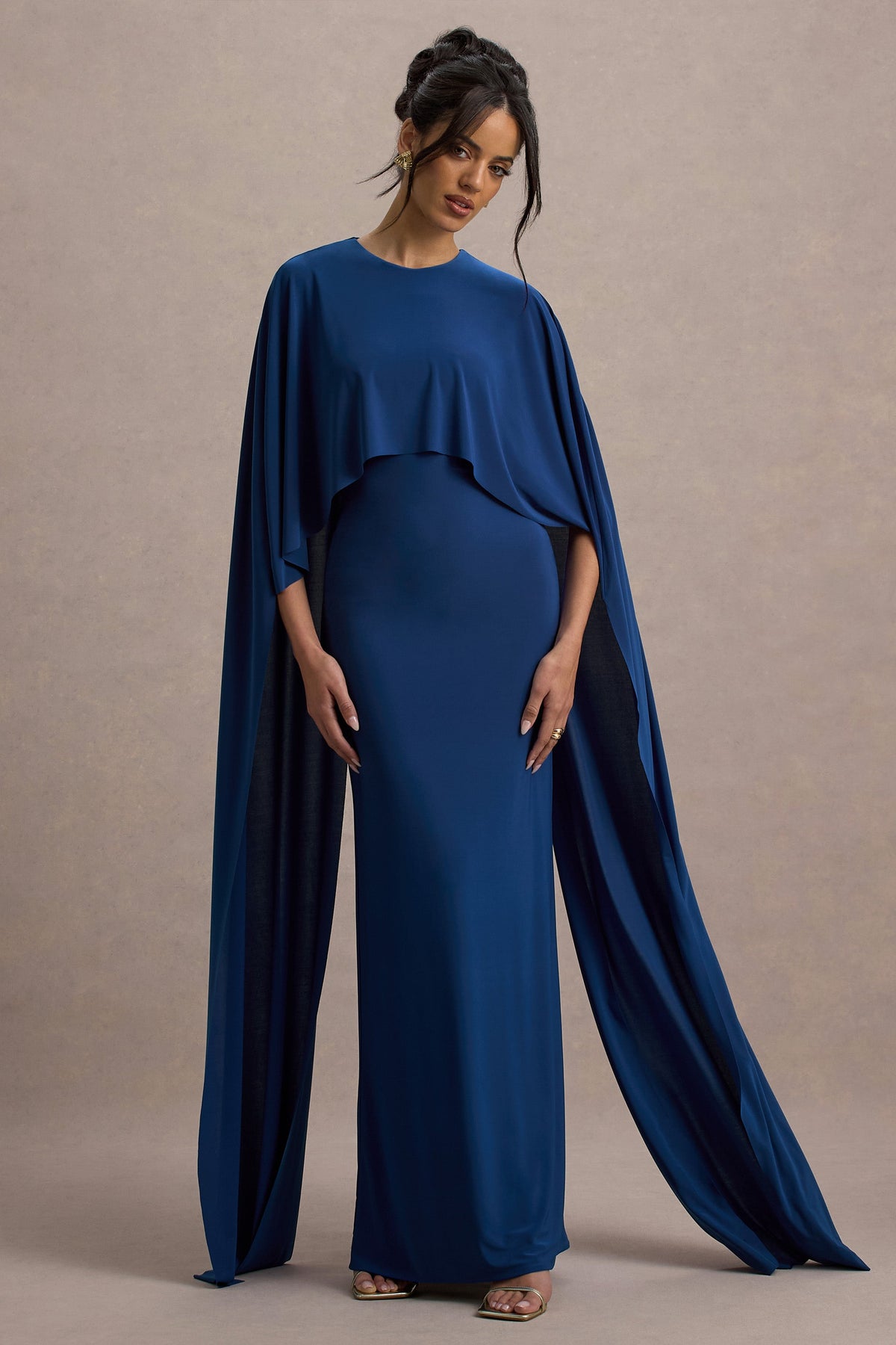 Padma | Blue Draped Maxi Dress With Cape Sleeves
