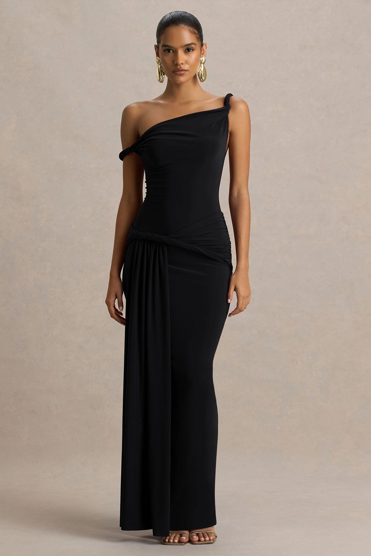 Tulisa | Black Asymmetric-Neck Maxi Dress With Twist Sleeves And Ruched Detailing
