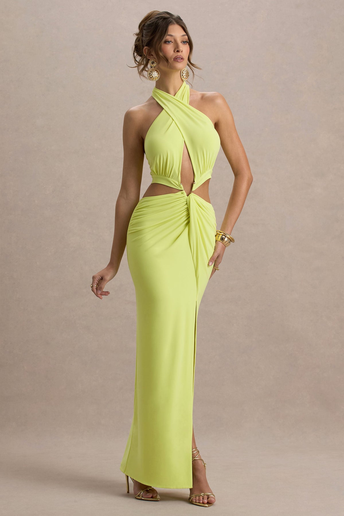 Aura | Lime Green Halter-Neck Cut-Out Split Maxi Dress