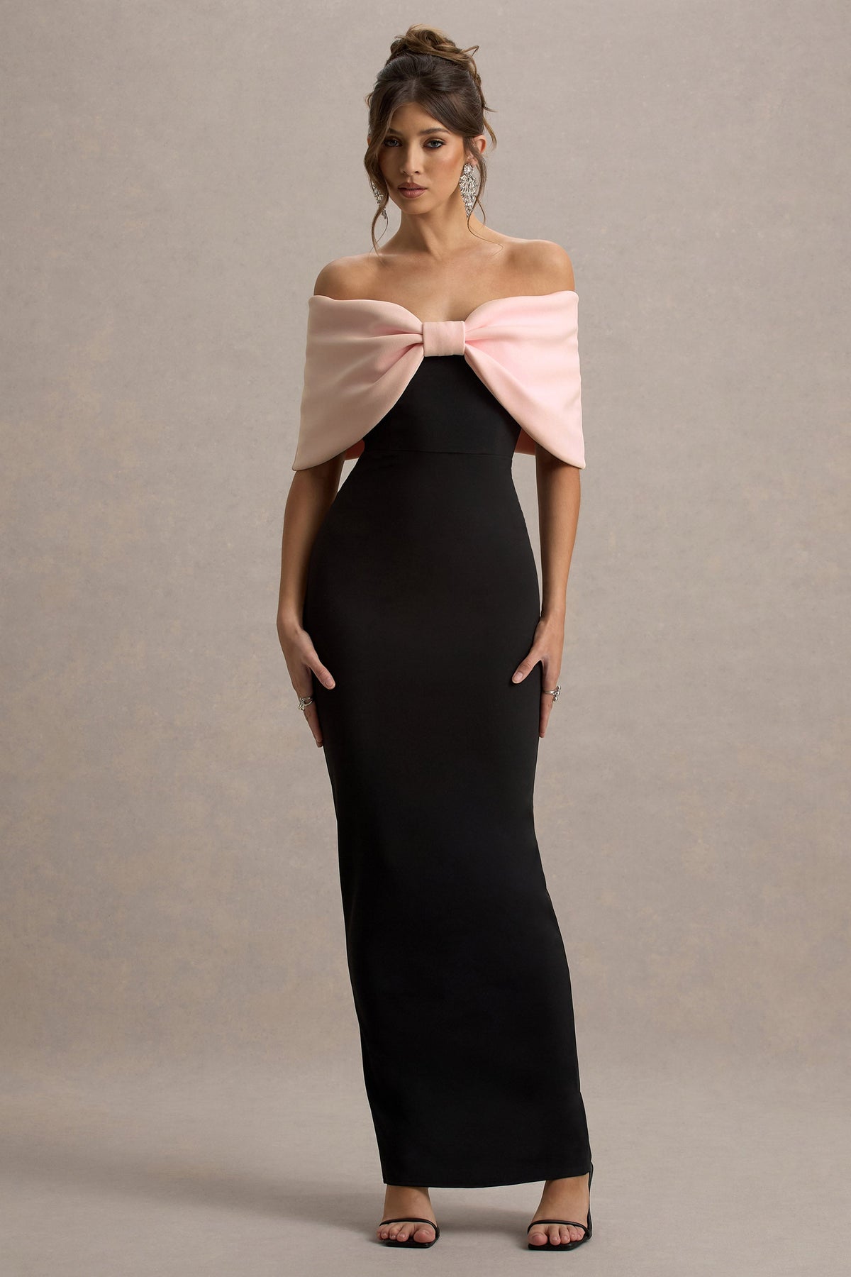 Cornelia | Pink & Black Strapless Maxi Dress With Oversized Bow