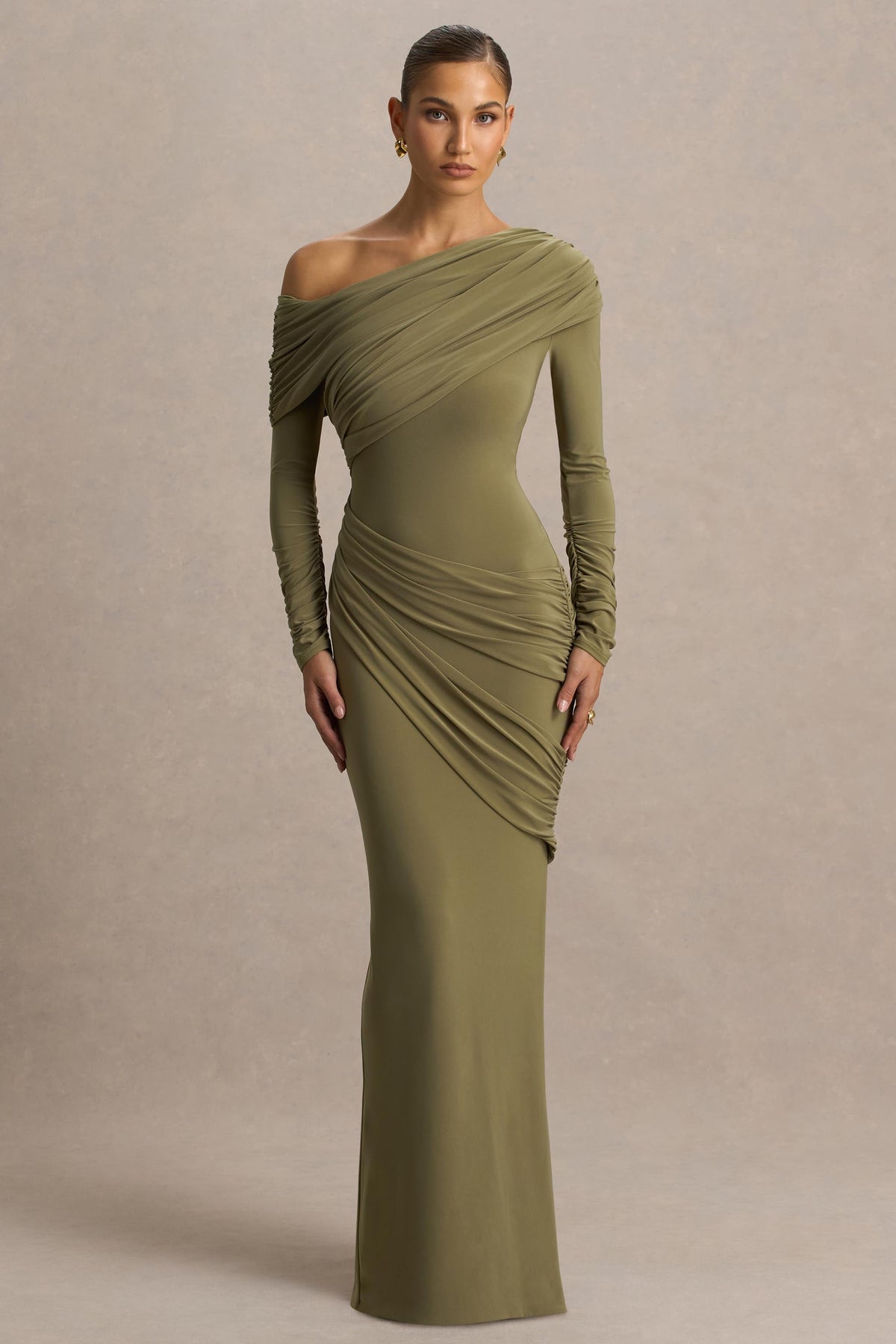 Perrie | Olive Asymmetric-Neck Maxi Dress With Ruched Detailing