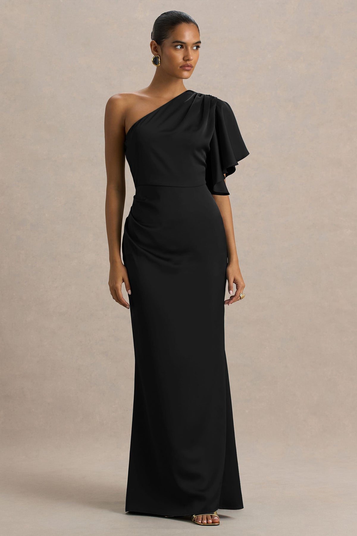 Unforgettable | Black Asymmetric-Neck Maxi Dress With Ruffled Detailing
