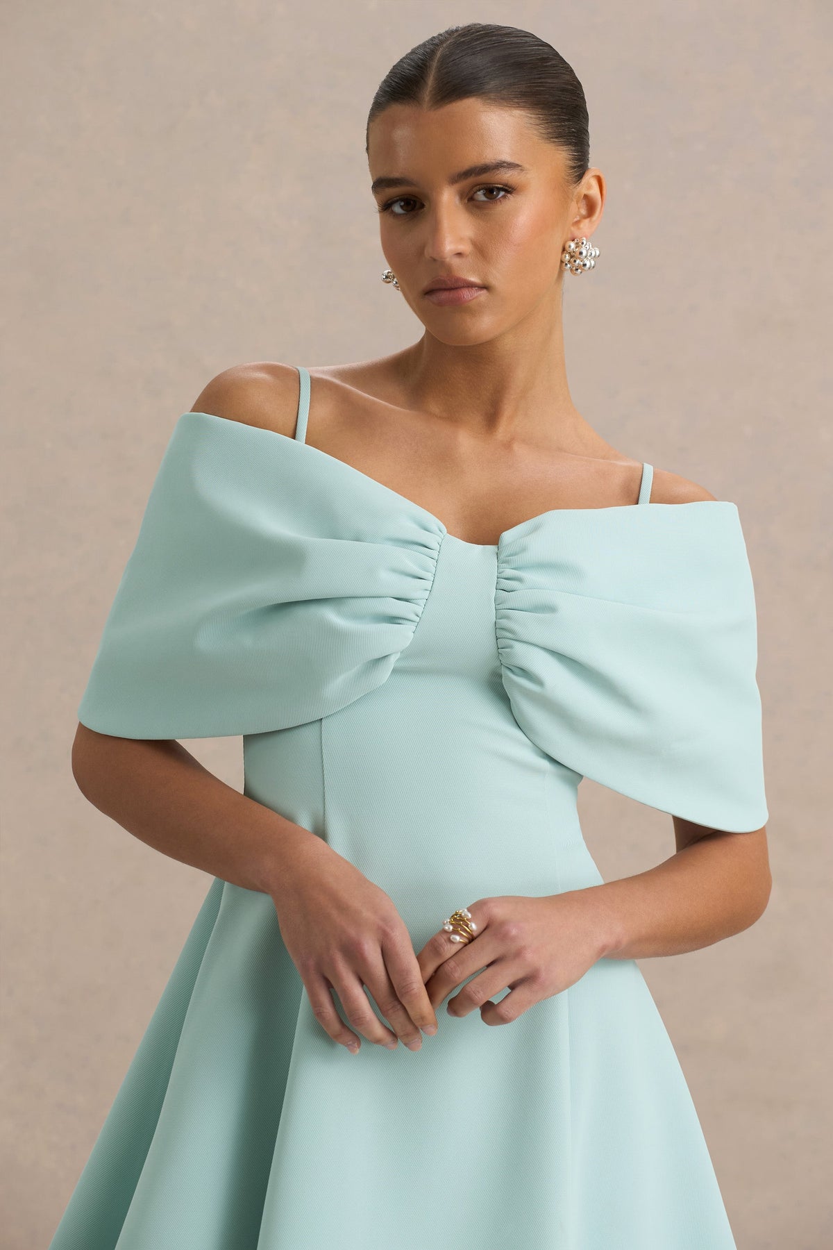 Faria | Light Blue Short-Sleeve Bardot Mini Dress With Bow Detail