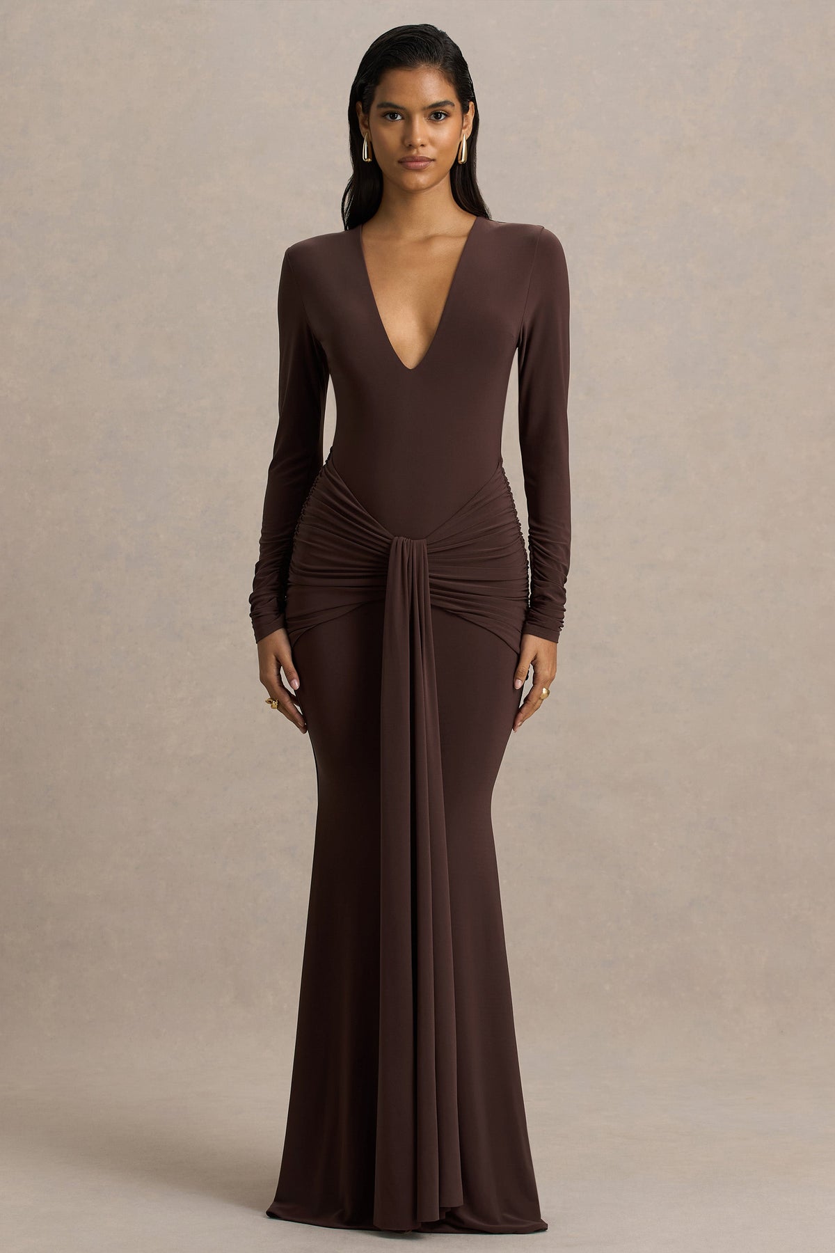 Saffie | Chocolate Extreme-Plunge Wrap Maxi Dress With Long-Sleeves And Ruched Detailing