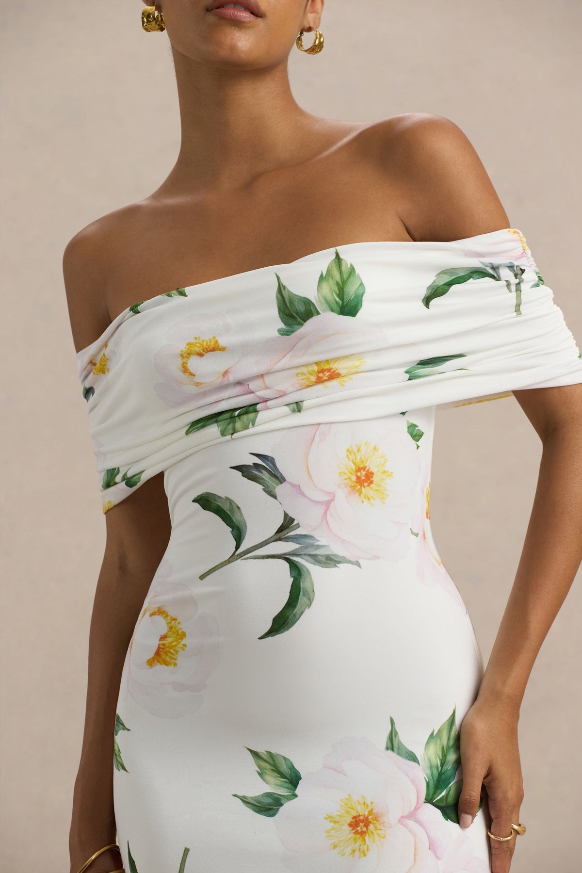 Capri | White Rose Print Bardot-Neck Maxi Dress With Ruched Detailing