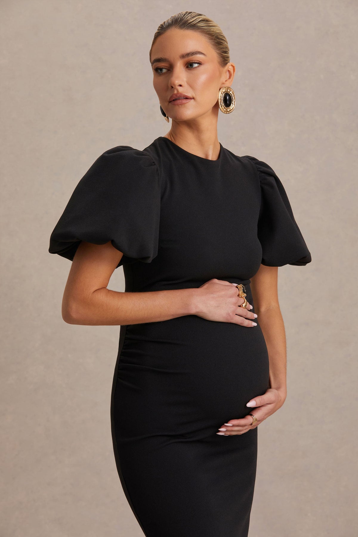 Luna | Black Crew-Neck Maternity Midi Dress With Puff-Sleeves