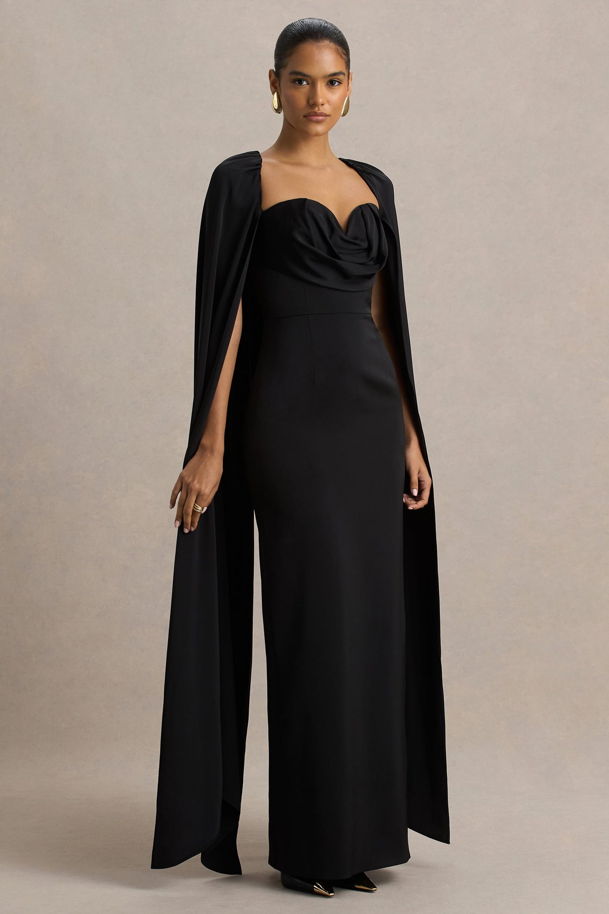 Wren | Black Satin Sweetheart-Neck Maxi Dress With Cape Sleeves