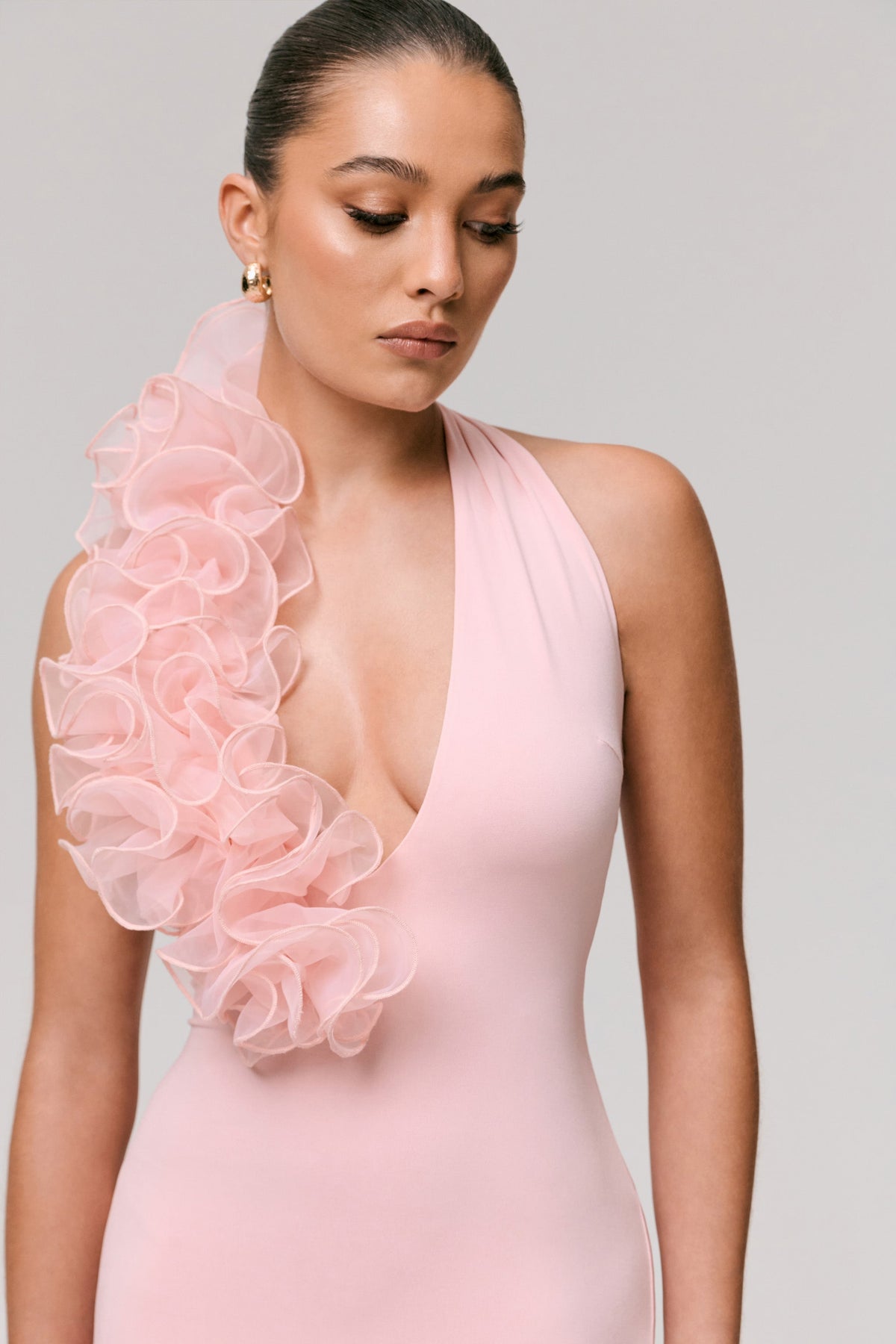 Harriet | Pink Plunge-Neck Maxi Dress With Floral Detail