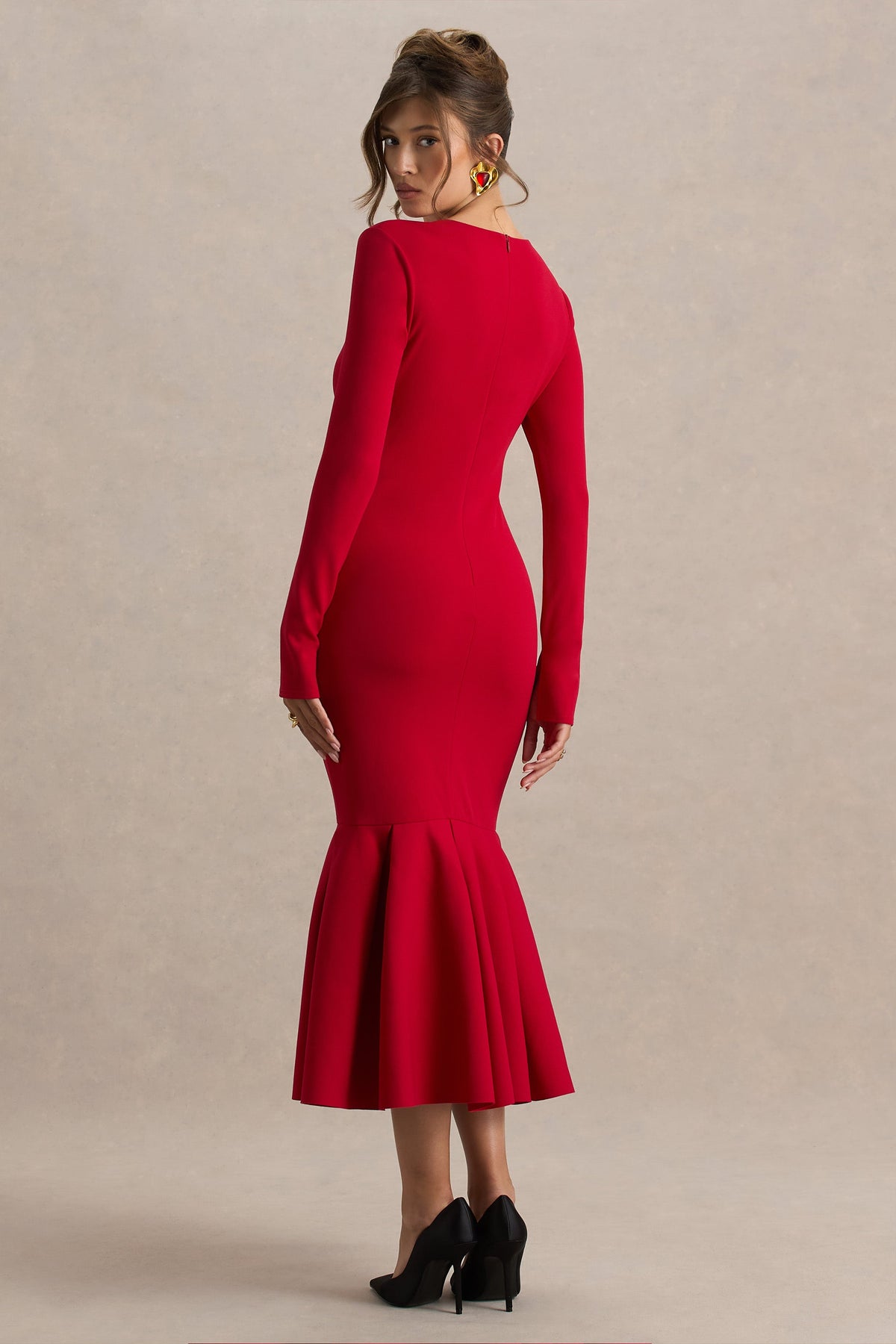 Liberty | Red High Neck Mermaid Midi Dress With Ruffling Detail