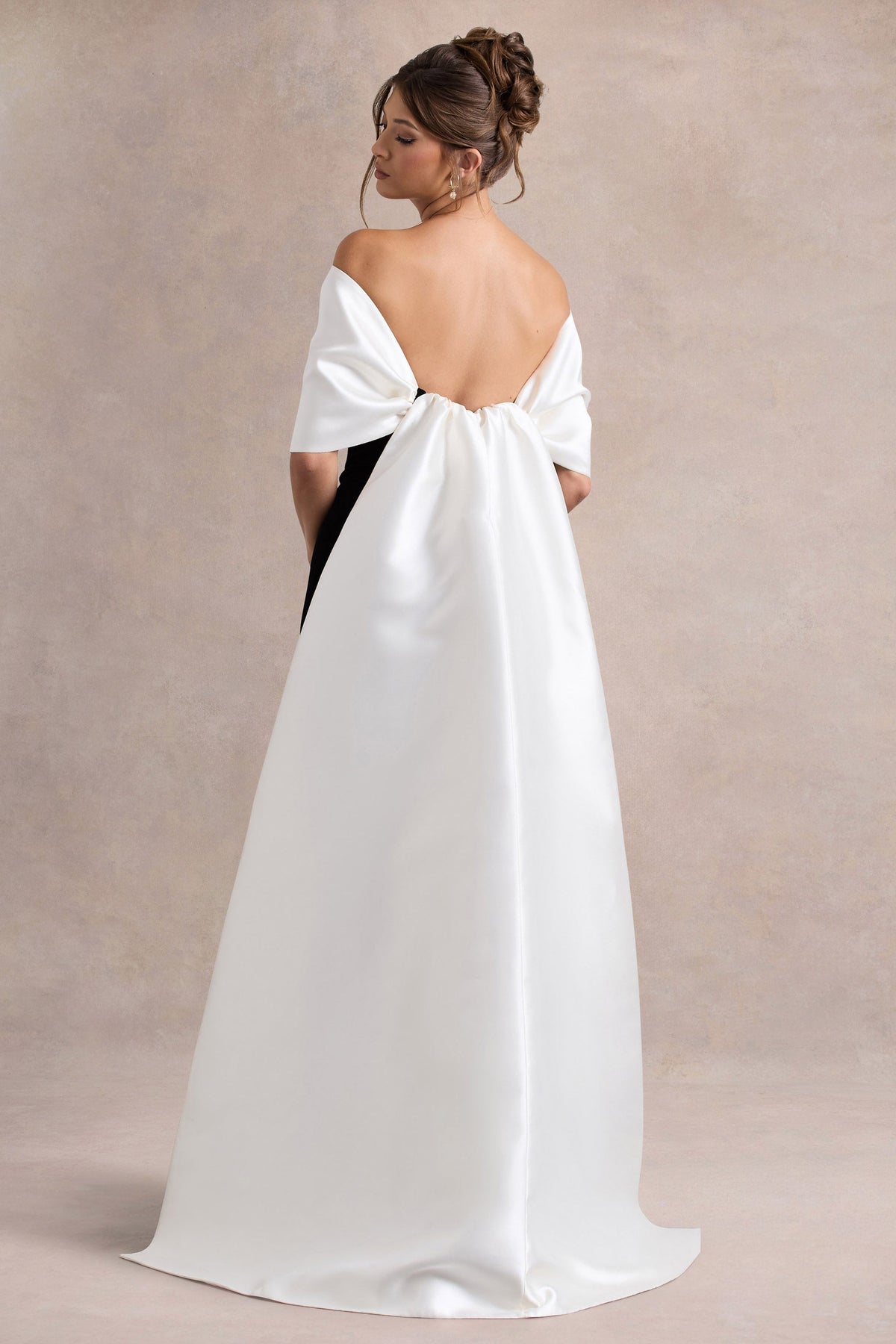 Wanting More | Black & White Satin Cape Maxi Dress With Oversized Bow