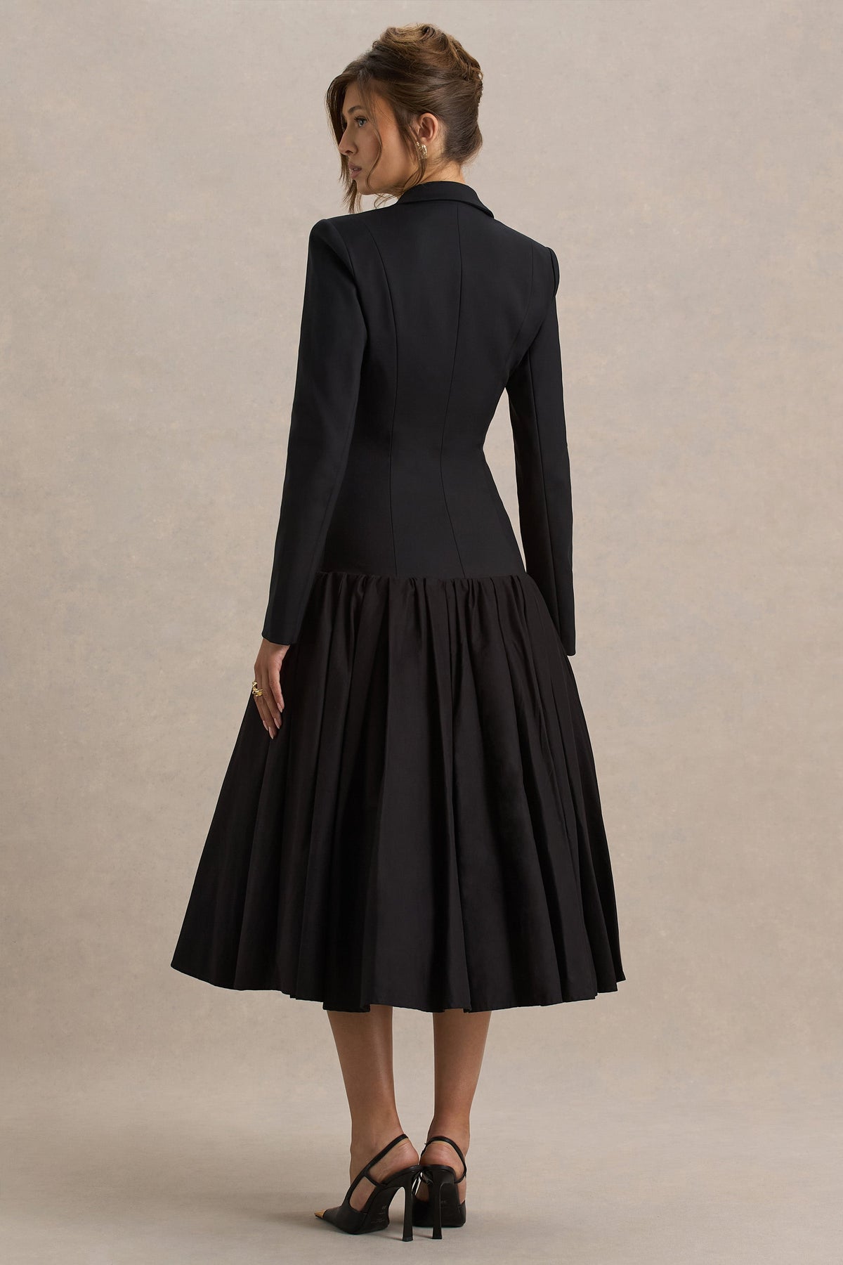 Cosmopolitan | Black Plunge-Neck Tailored Midi Dress With Pleated Hem