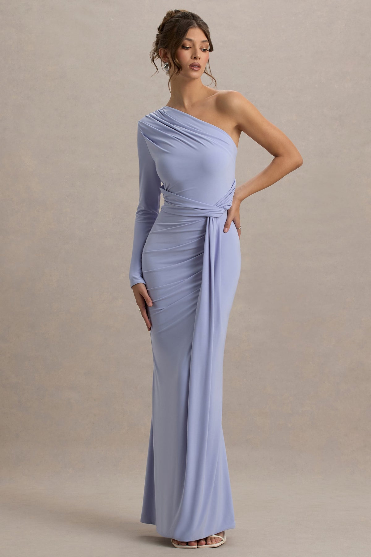 Sanya | Pale Blue Asymmetric One Sleeve Wrap Maxi Dress with Drape