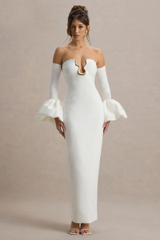 Annalisa | Cream Bandeau Maxi Dress With Satin Cuffs