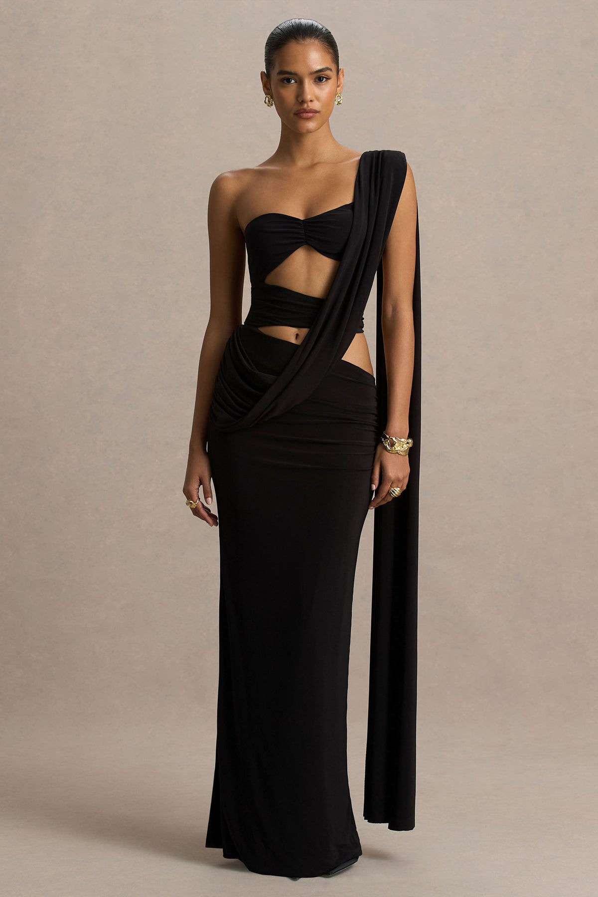 Nebula | Black Bandeau Maxi Dress With Body Cut-Out Details