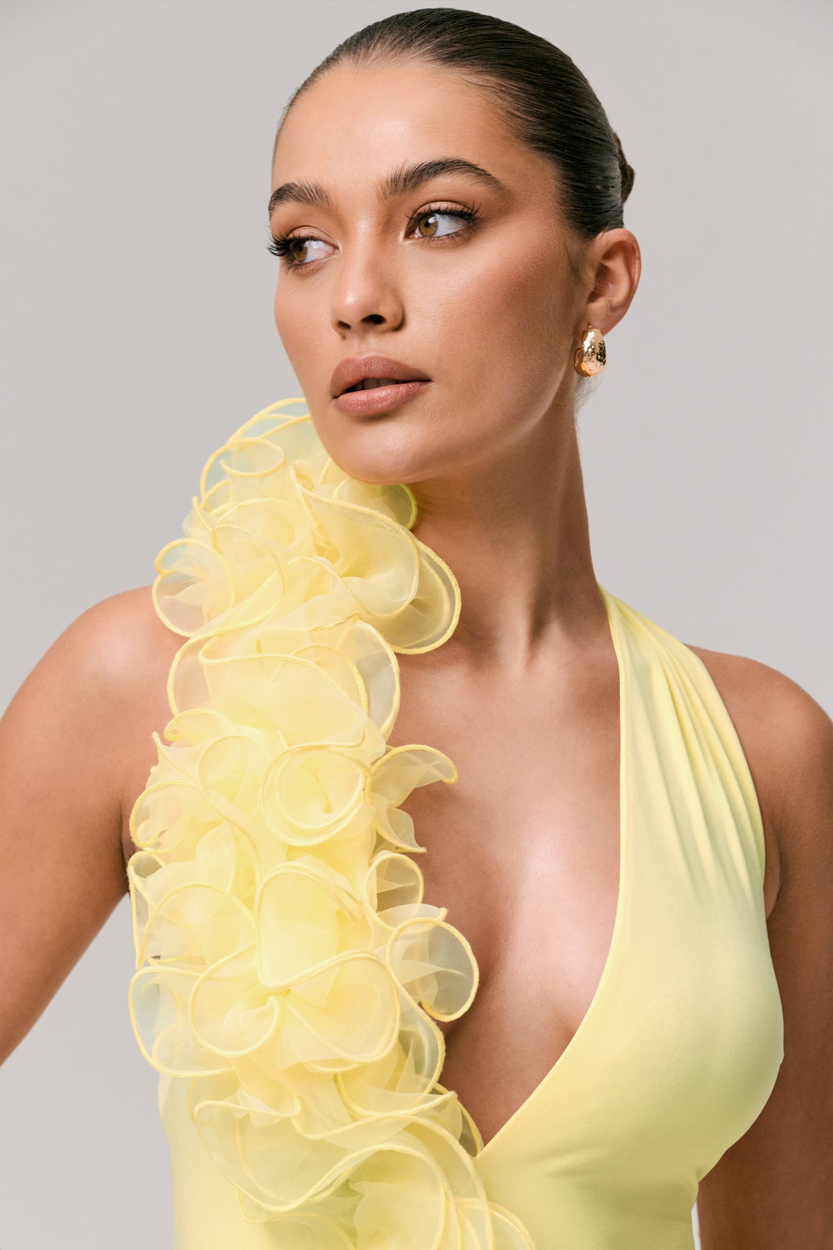 Harriet | Lemon Plunge-Neck Maxi Dress With Floral Detail