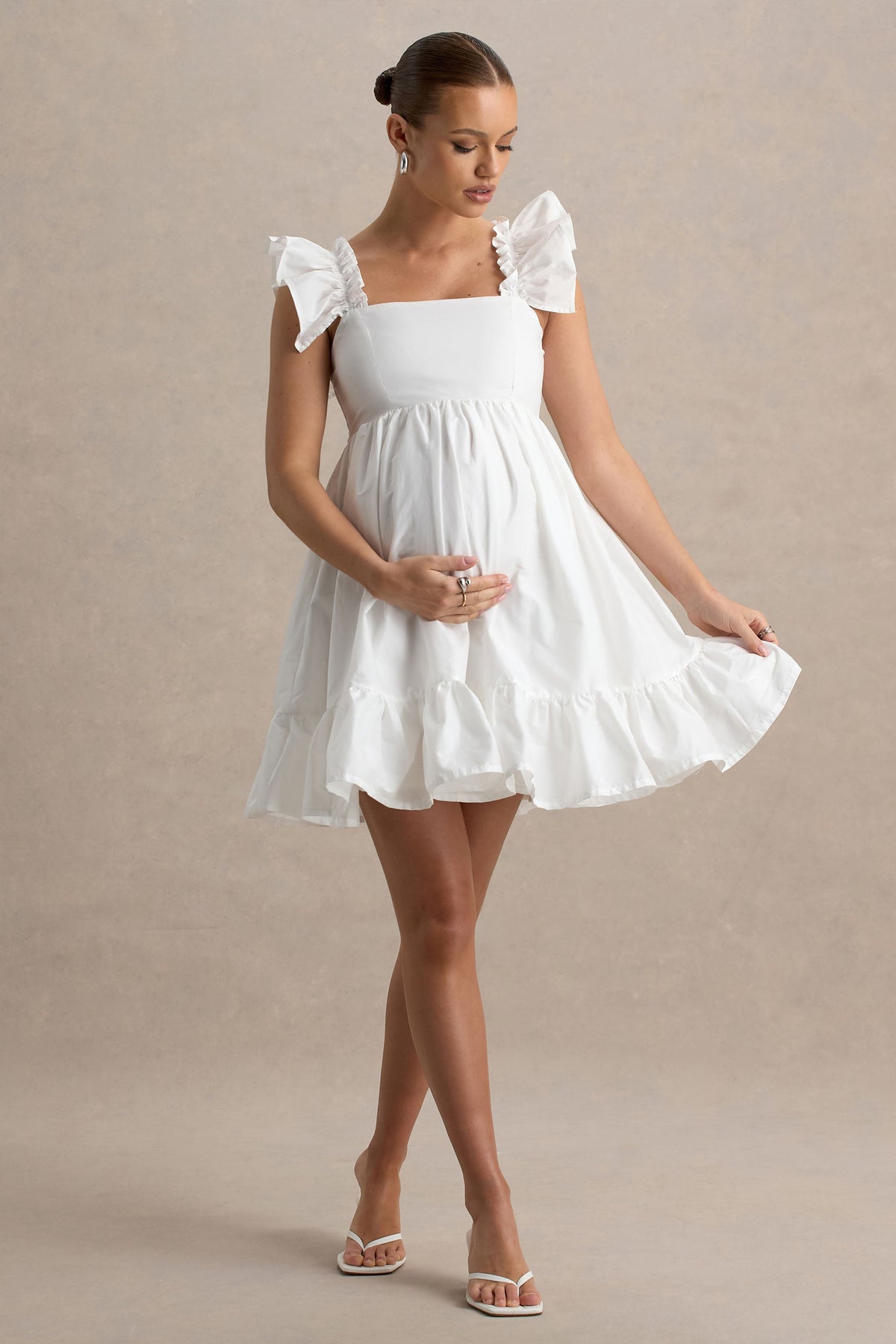 Dolly Daze | White Ruffle Sleeve Babydoll Maternity Mini Dress