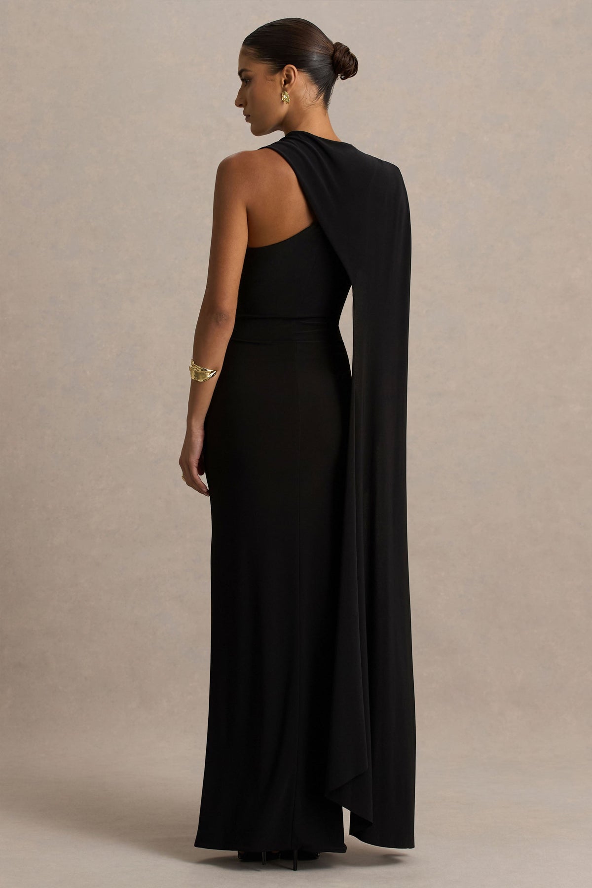 Dawn | Black High-Neck Maxi Dress With One Long Cape-Sleeve