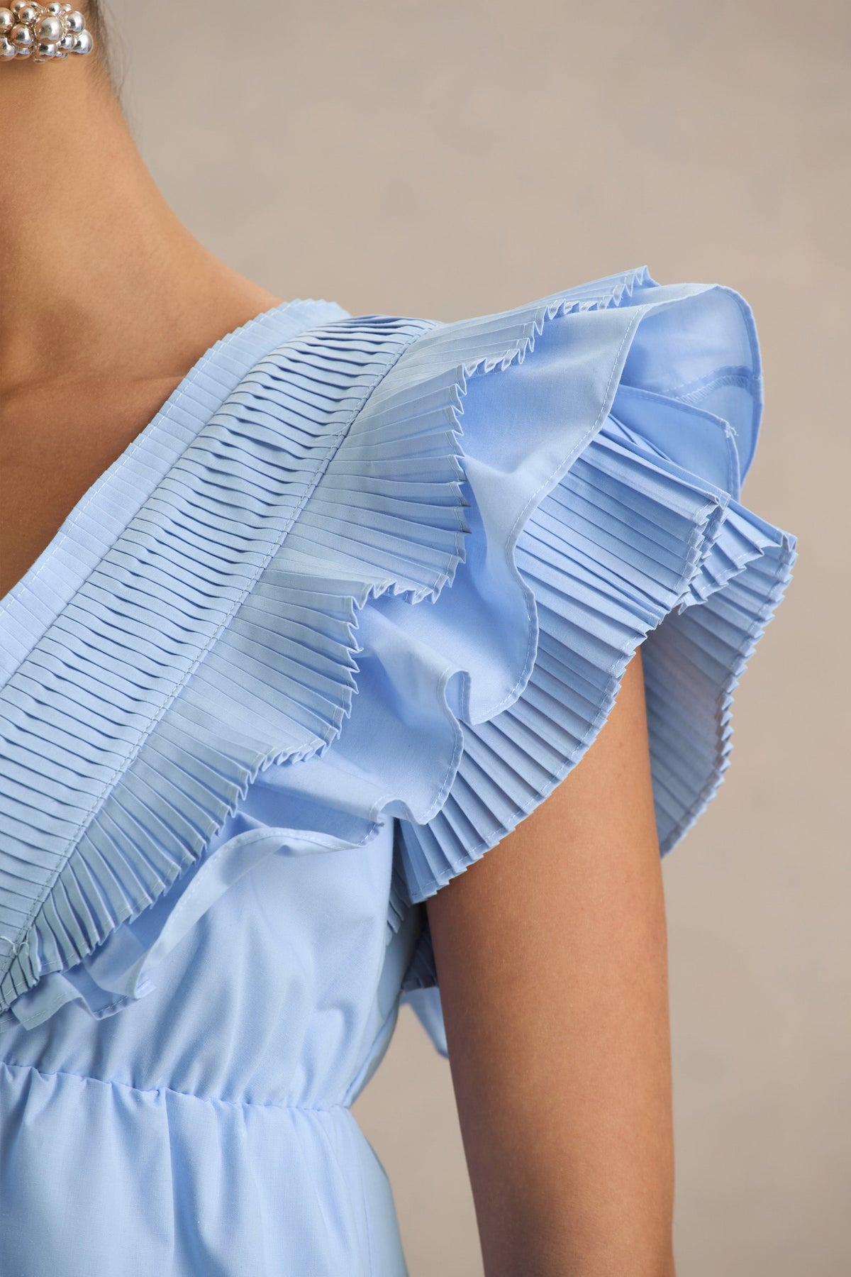 Judie | Blue Poplin V-Neck Ruffled Mini Dress