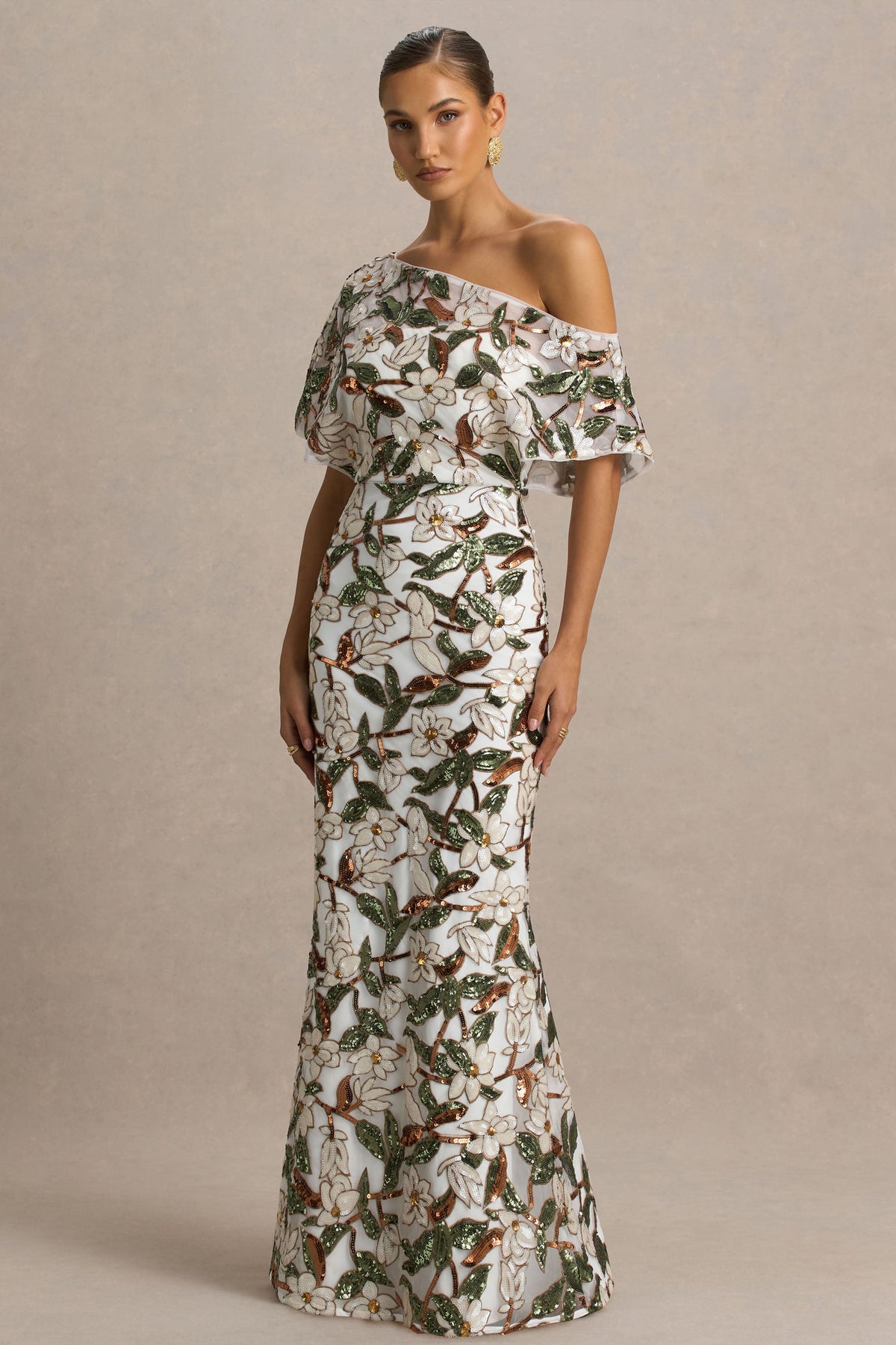 Iony | White And Green Embellished Sequin Floral And Mesh Asymmetric-Neck Maxi Dress