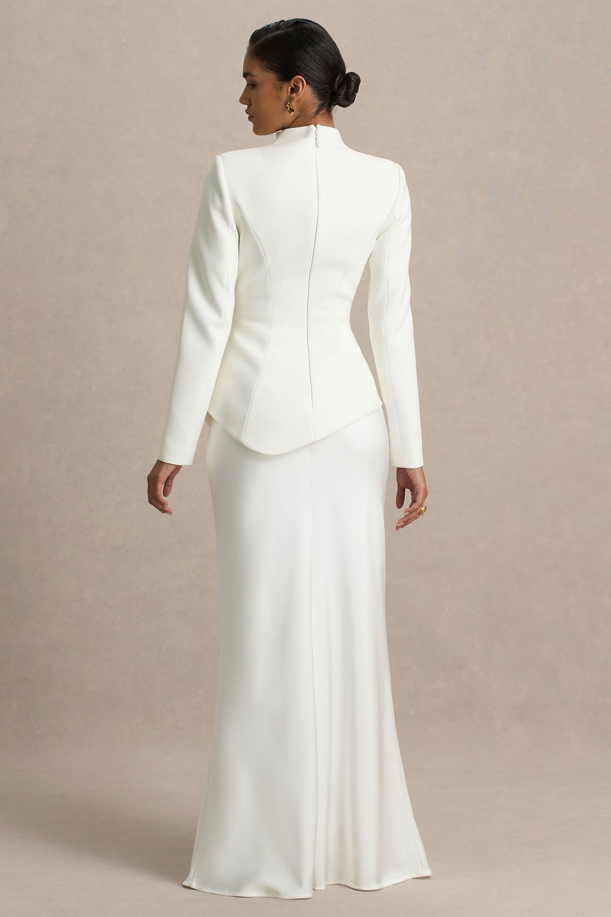 Pepita | Cream High-Neck Tailored Maxi Dress With Drop-Waist And Satin Skirt