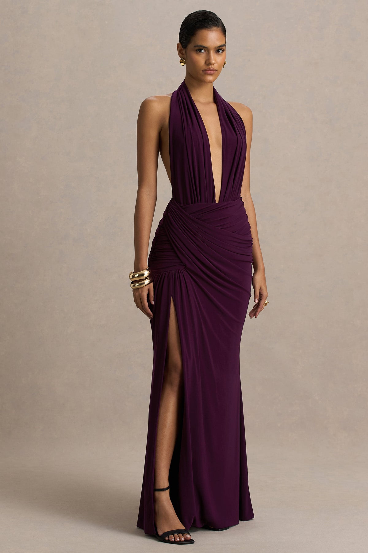 Tilly | Burgundy Jersey Ruched Plunge Wrap Maxi Dress With Open Back And Split