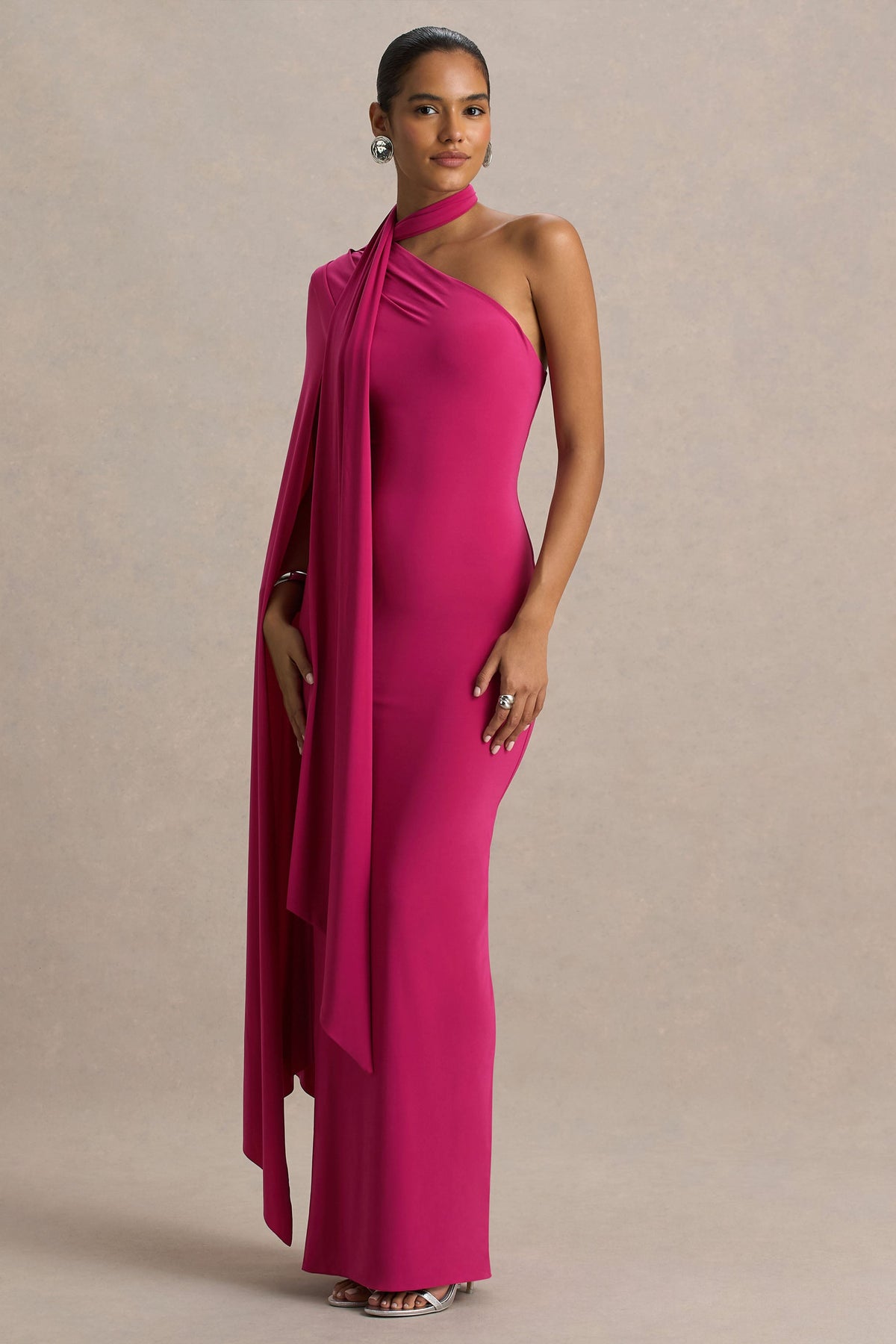 Amal | Hot Pink Asymmetric-Neck Maxi Dress With Scarf and Cape Detail