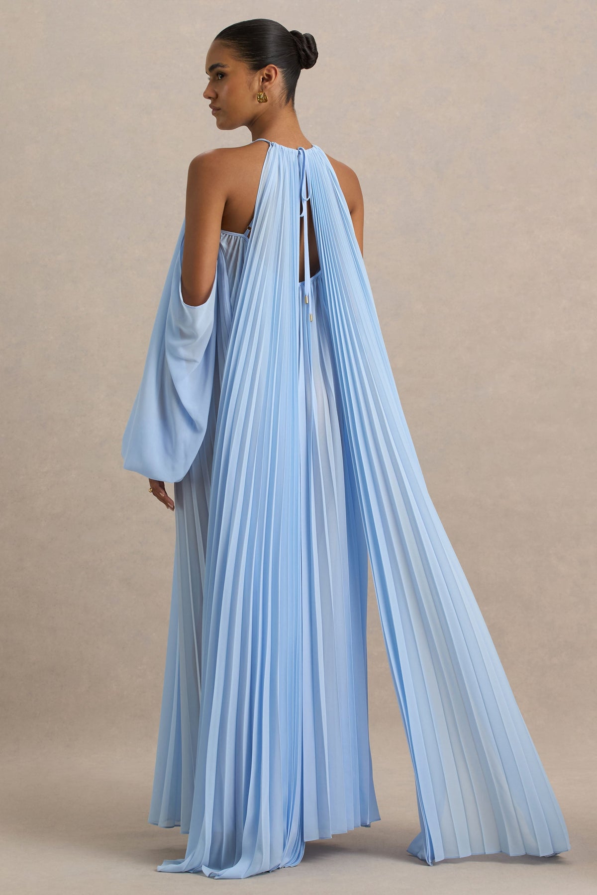 Reyna | Powder Blue Sheer Pleated Chiffon Cold-Shoulder Maxi Dress