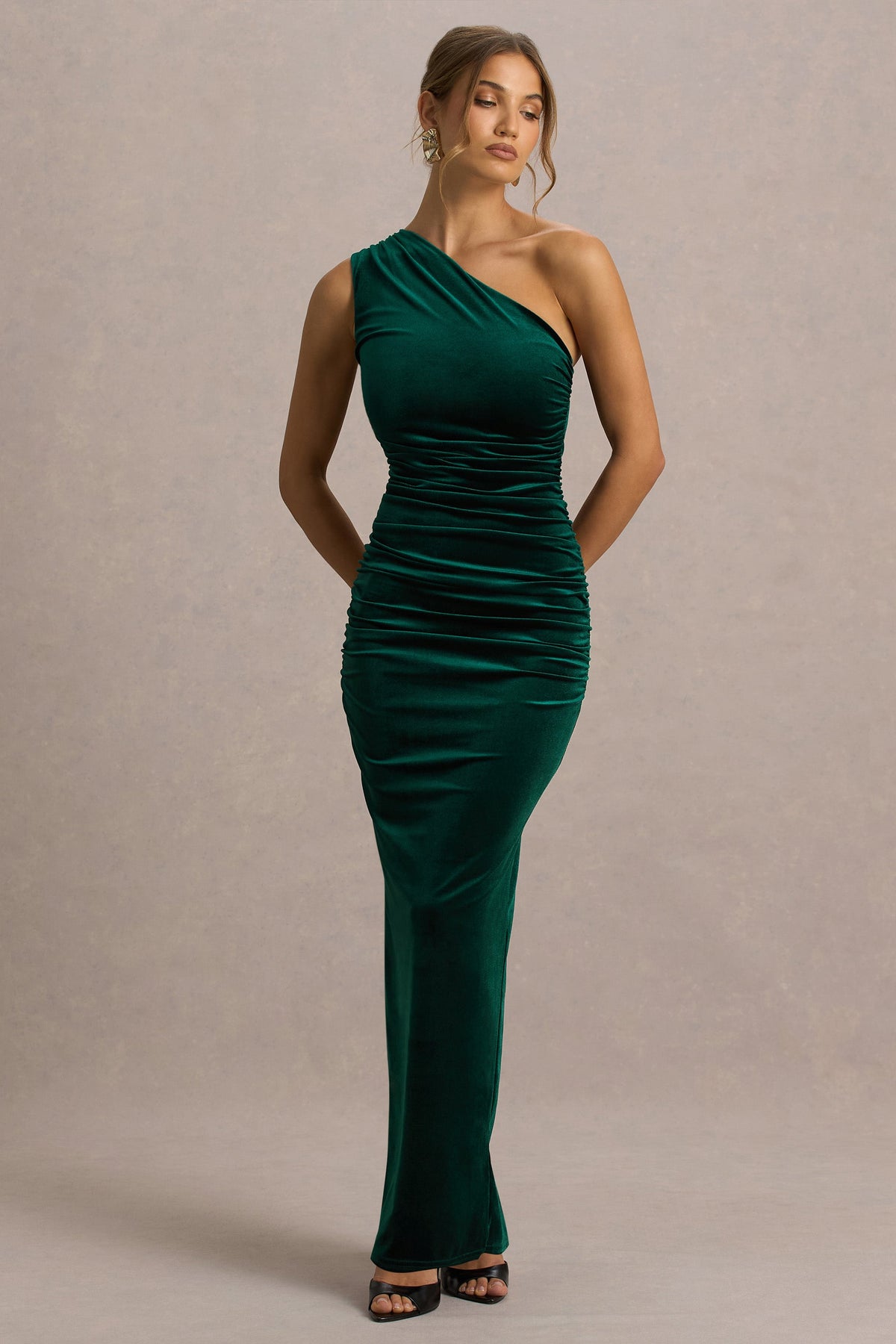 Treat | Bottle Green Velvet Asymmetric-Neck Maxi Dress With Ruched Detailing