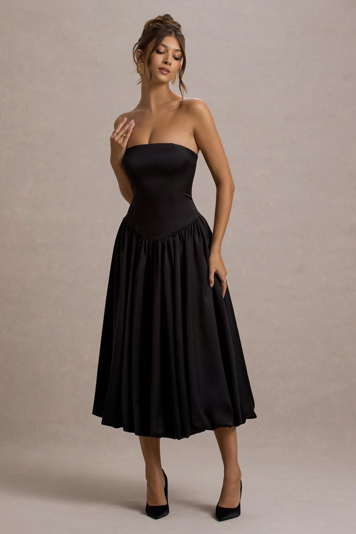 Keyton | Black Satin Bandeau Midi Dress