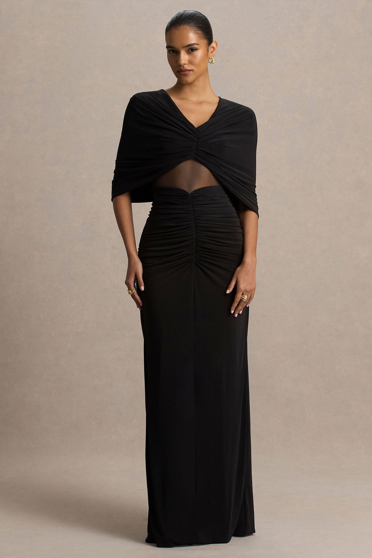 Zinnie | Black Cape-Sleeve Maxi Dress With Mesh Panel