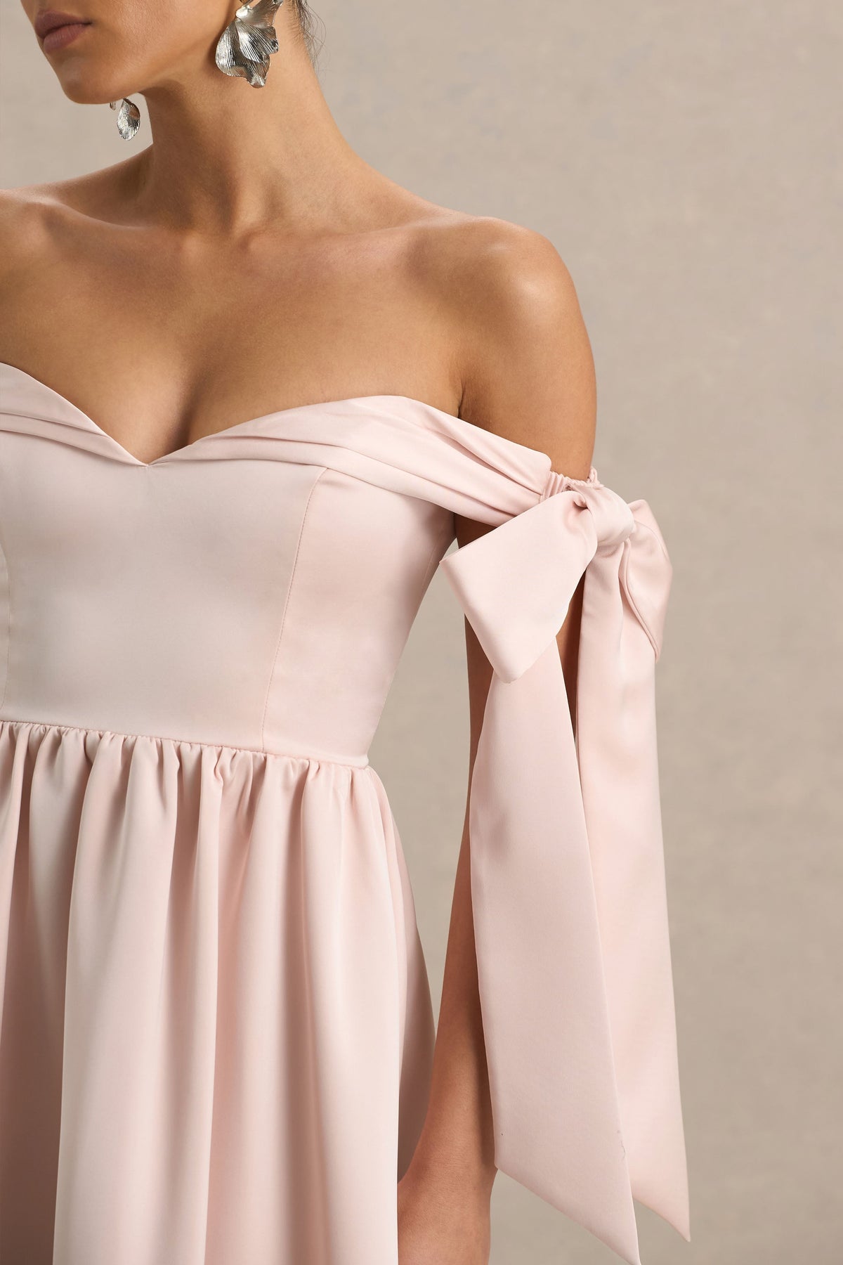 Agafay | Rose Pink Satin Short-Sleeve Bardot Wrap Midi Dress With Bow Detail