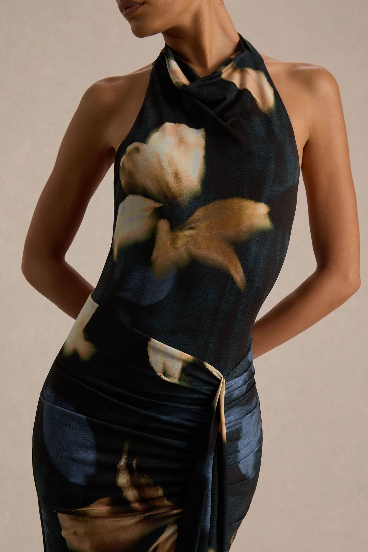 Sunflower | Dark Lily Print Jersey Cowl Maxi Dress With Gathered Detailing And Split