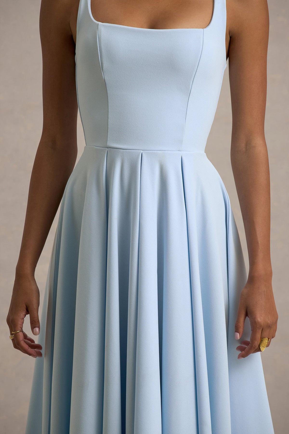 Parina | Powder Blue Scuba Square Neck A-Line Midi Dress