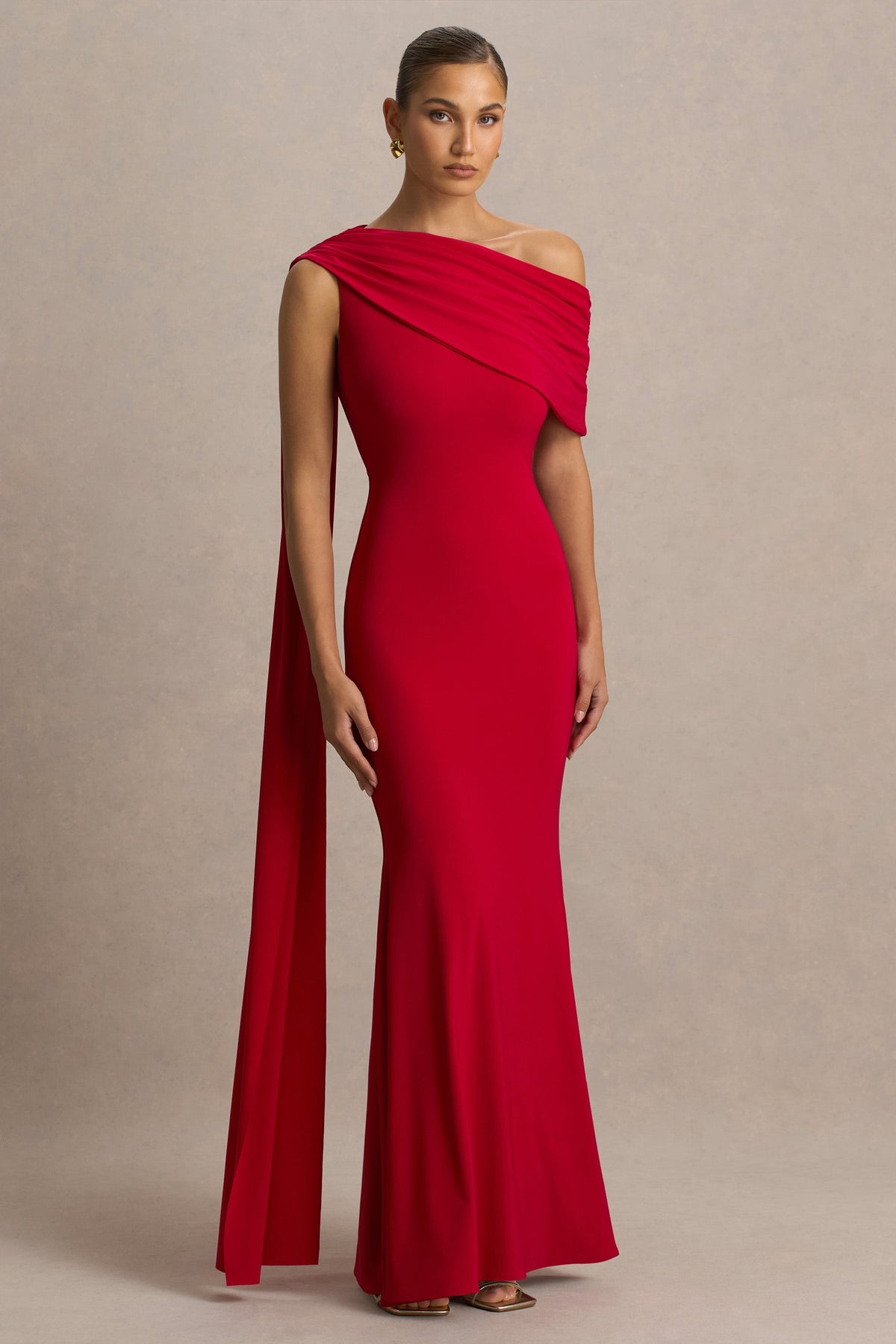 Zendaya | Red Asymmetric-Neck Fishtail Maxi Dress With Sash