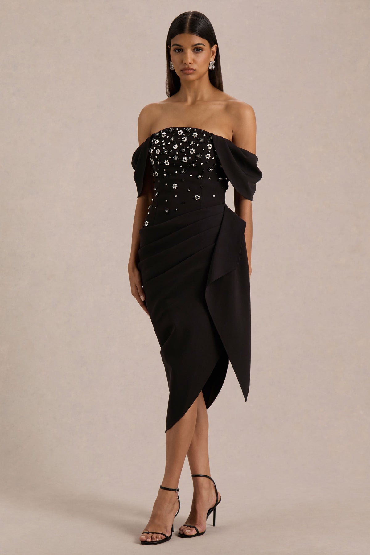 Sylvia | Black Hand-Embellished Bardot-Neck Midi Dress With Draped Satin-Wrap Skirt