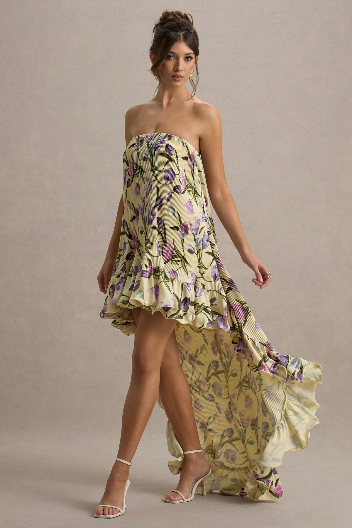 Whistler | Tulip Floral Print Chiffon Bandeau High-Low Ruffled Maxi Dress